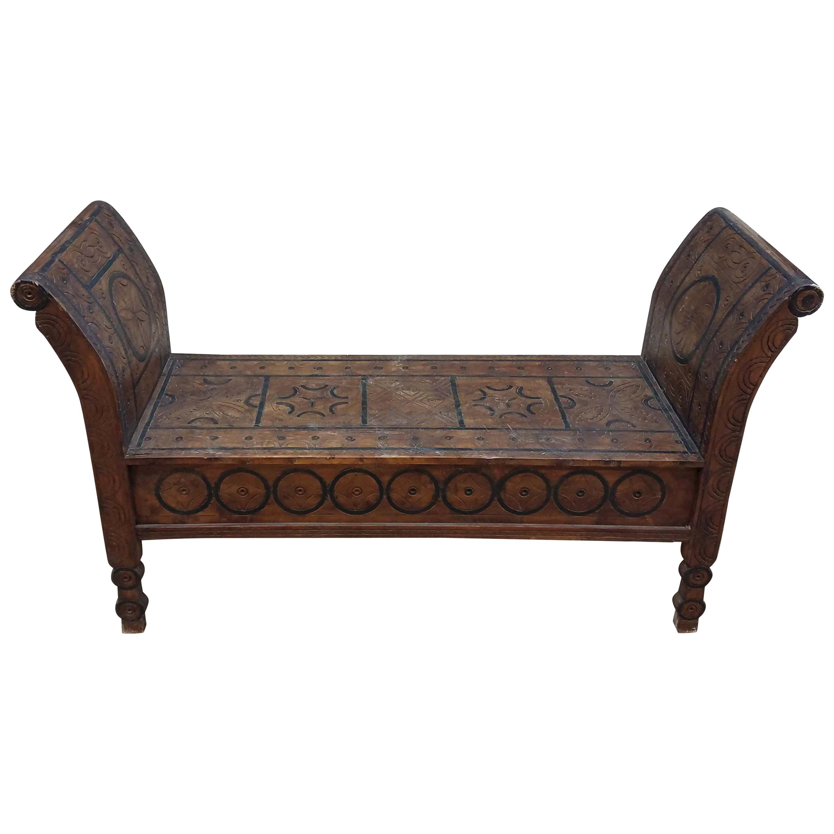 Moroccan Hand Carved Wooden Bench, Cedar Wood For Sale