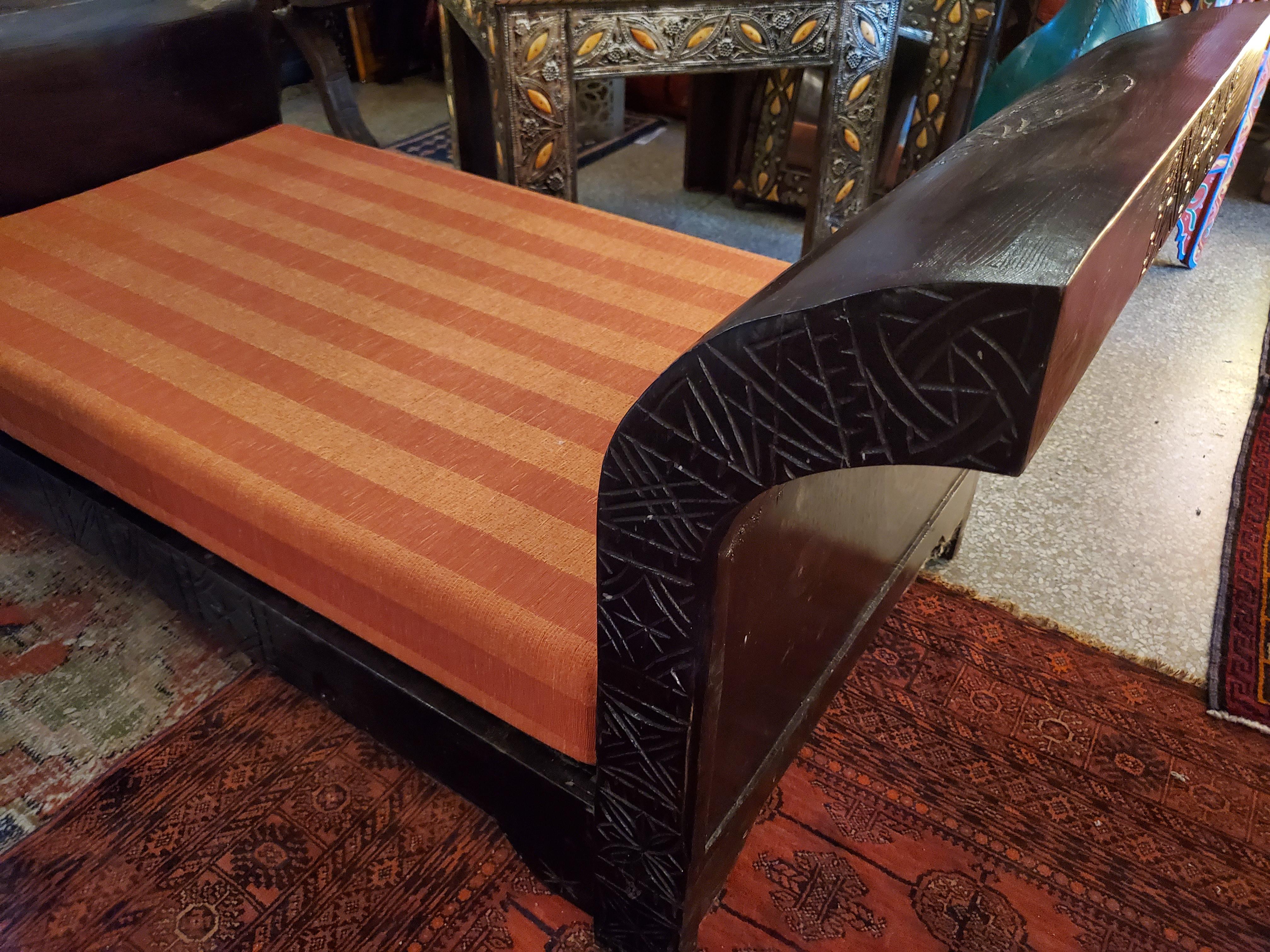 Contemporary Moroccan Hand Carved Wooden Bench, Meridian Style For Sale