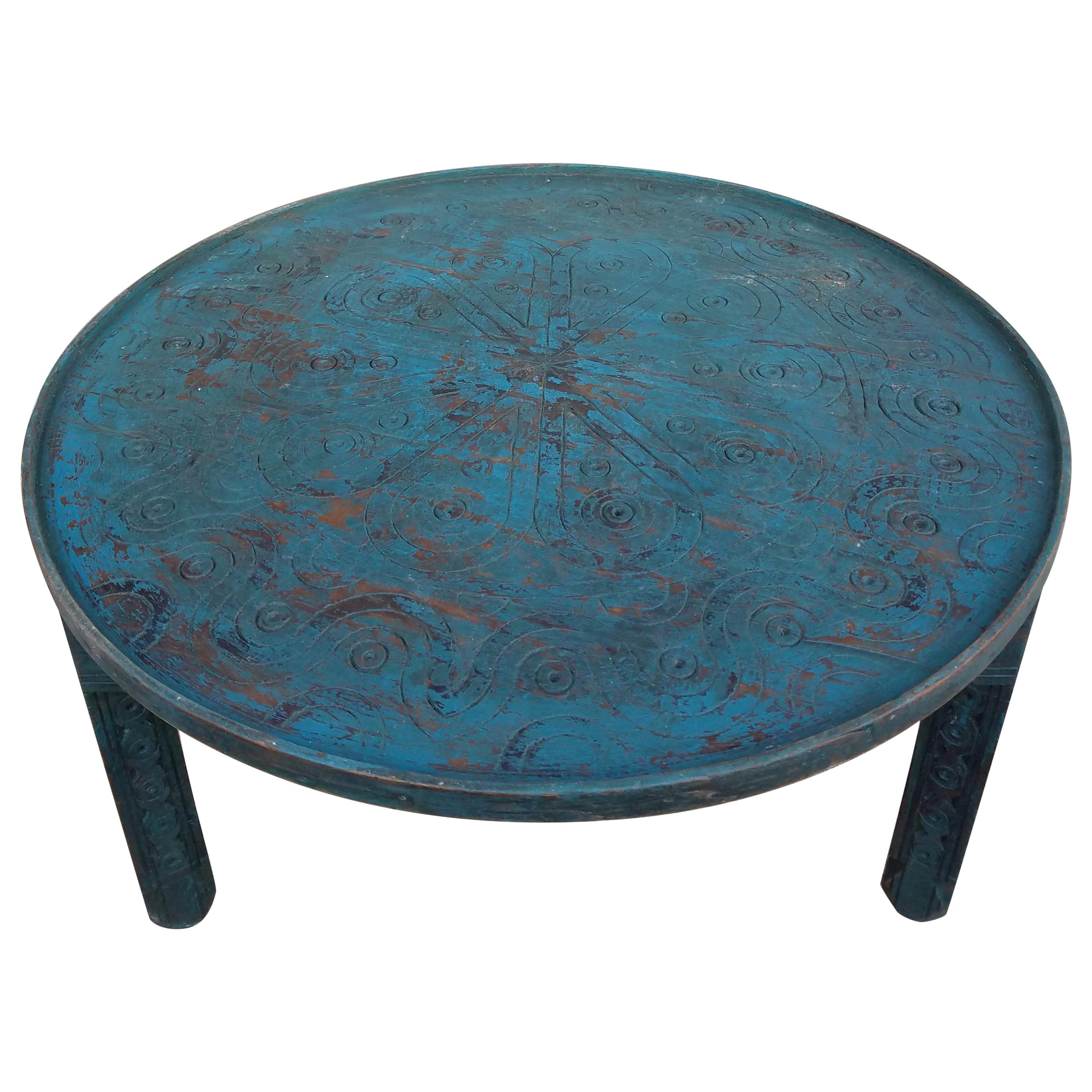 Moroccan Hand Carved Wooden Coffee Table, Turquoise Round