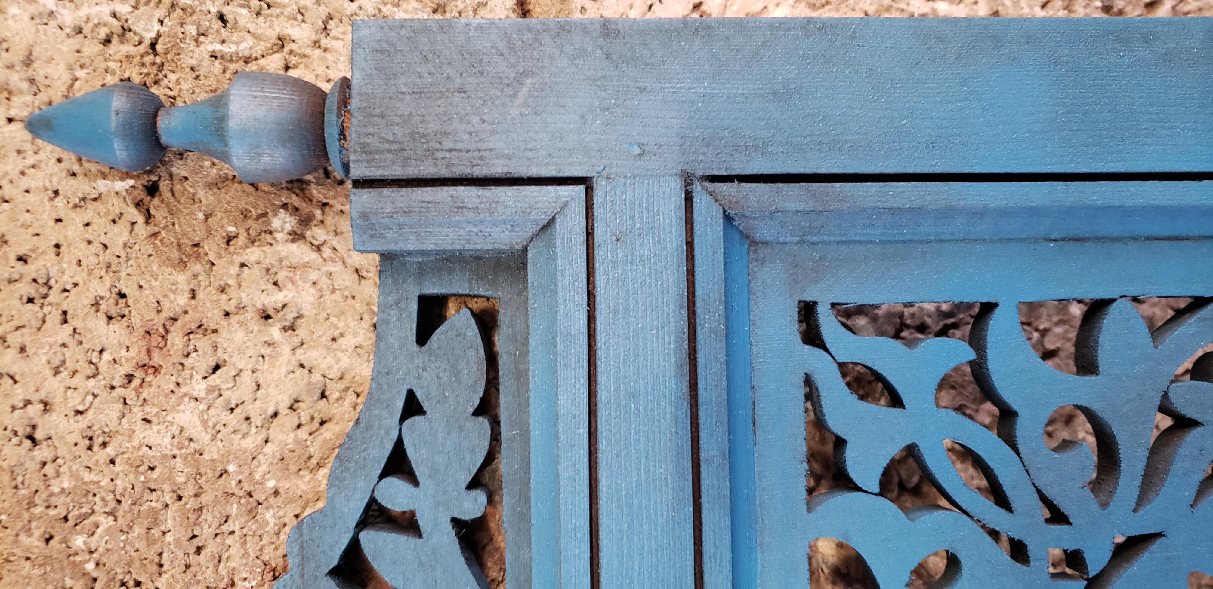 Hand-Carved Moroccan Hand Carved Wooden Mirror, Blue For Sale