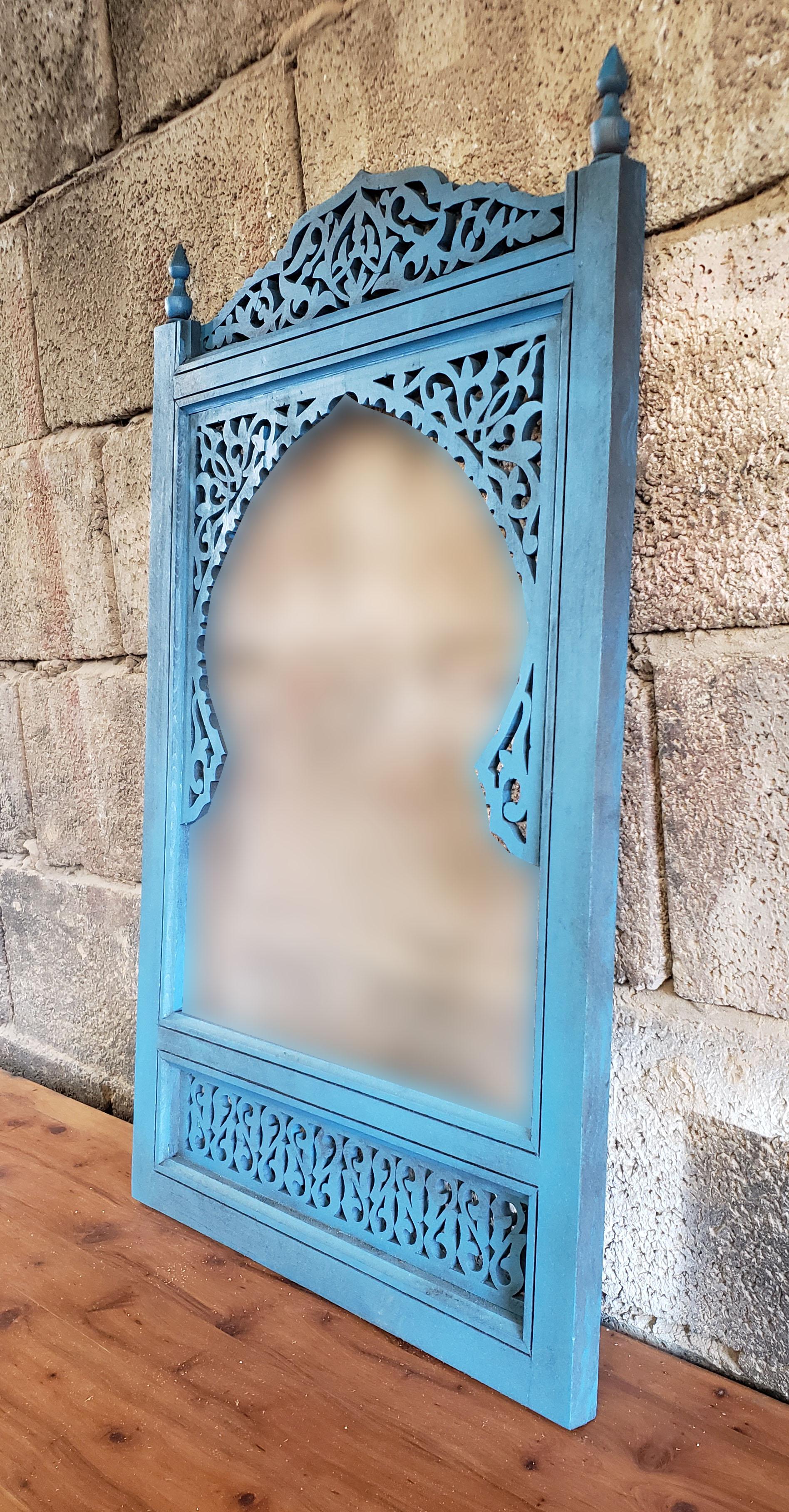 Contemporary Moroccan Hand Carved Wooden Mirror, Blue For Sale