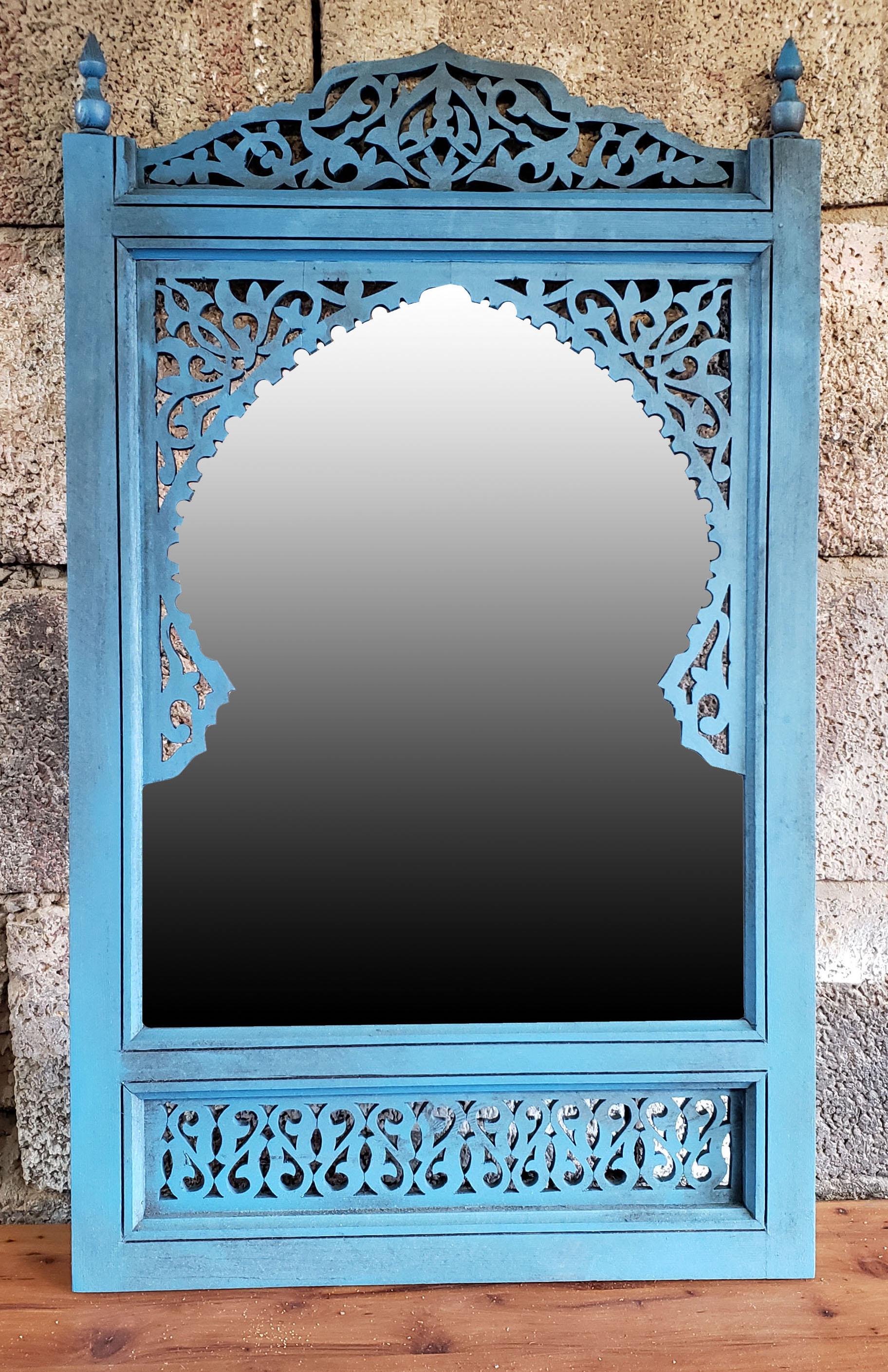 Moroccan Hand Carved Wooden Mirror, Blue For Sale 1