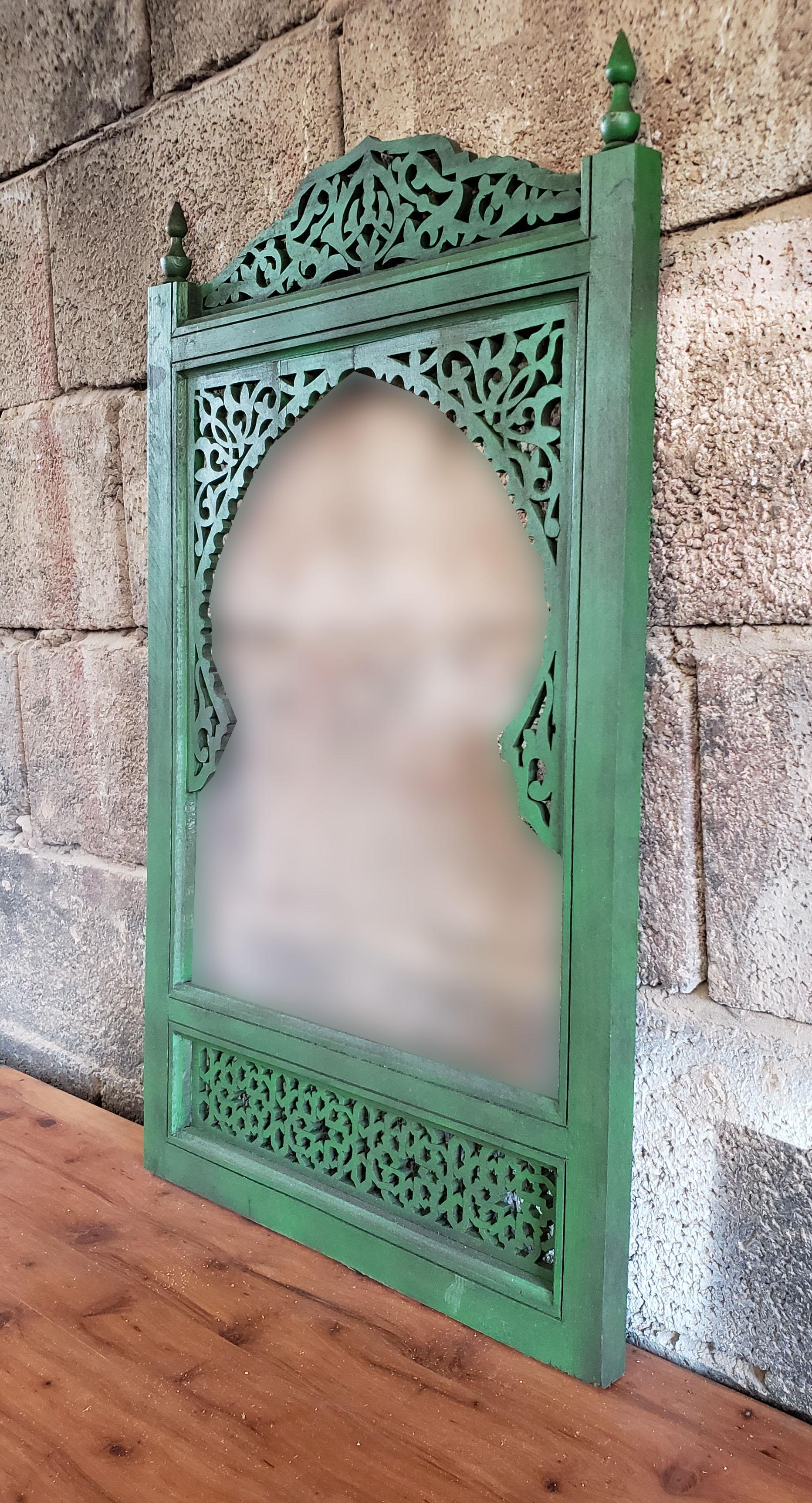 Contemporary Moroccan Hand Carved Wooden Mirror, Green For Sale