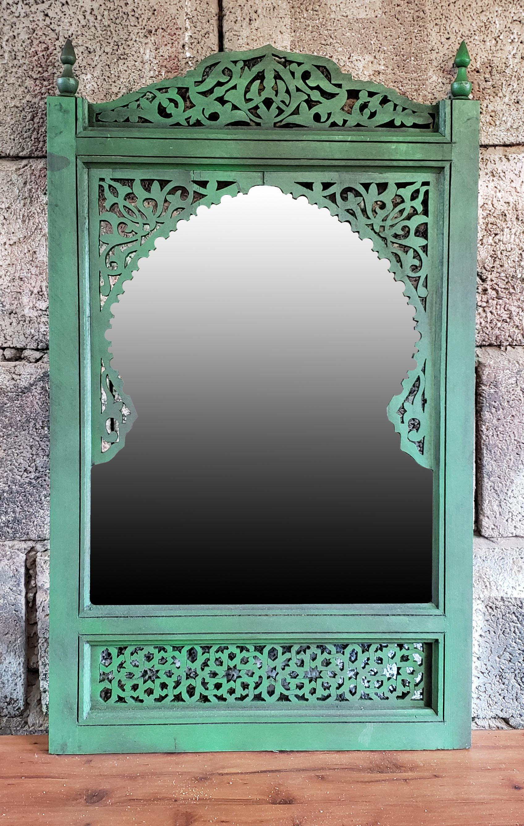 Moroccan Hand Carved Wooden Mirror, Green For Sale 1