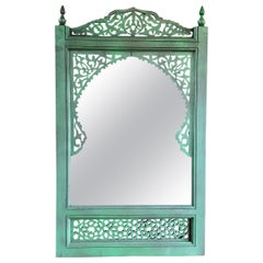 Moroccan Hand Carved Wooden Mirror, Green