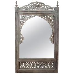 Moroccan Hand Carved Wooden Mirror, White