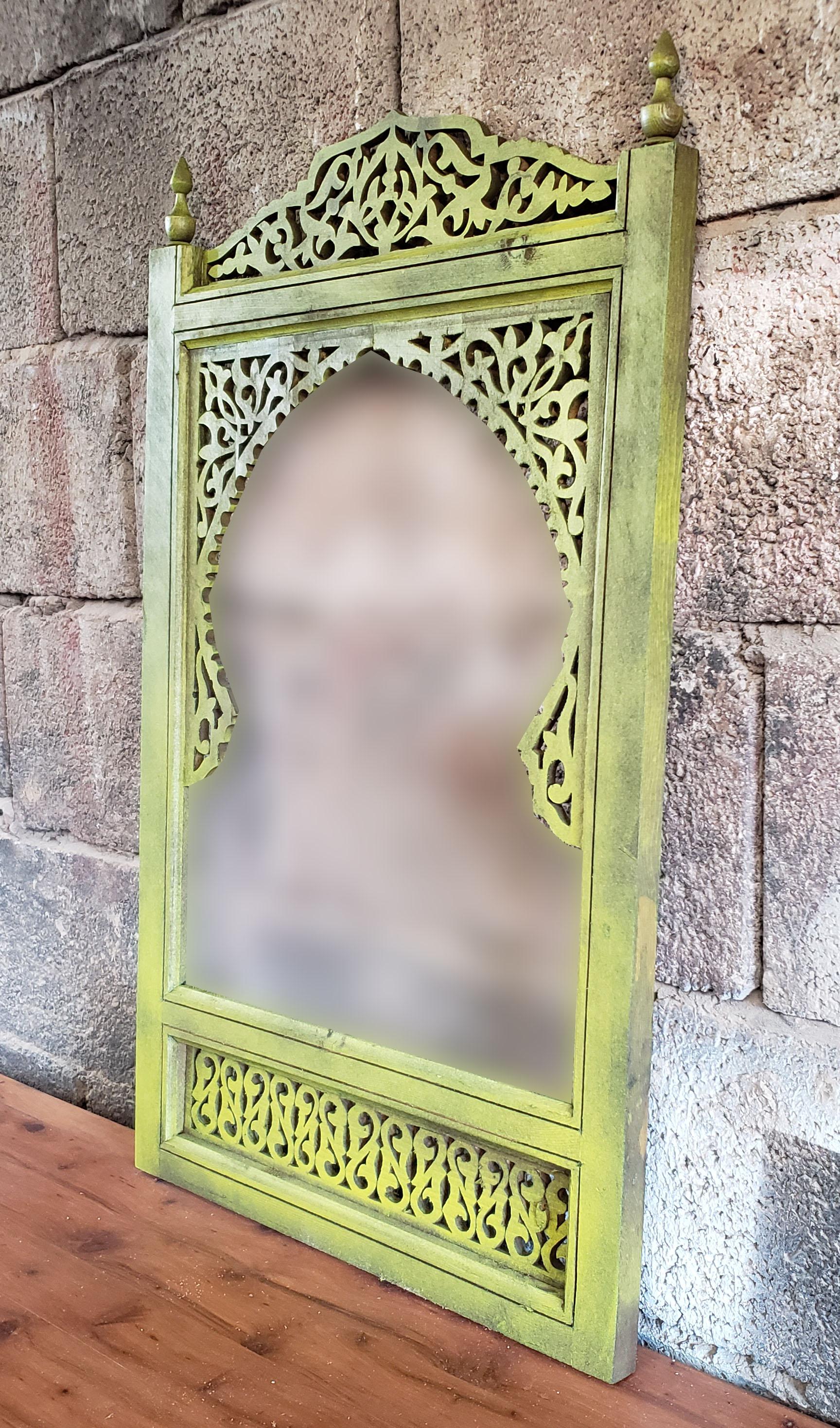 Contemporary Moroccan Hand Carved Wooden Mirror, Yellow For Sale