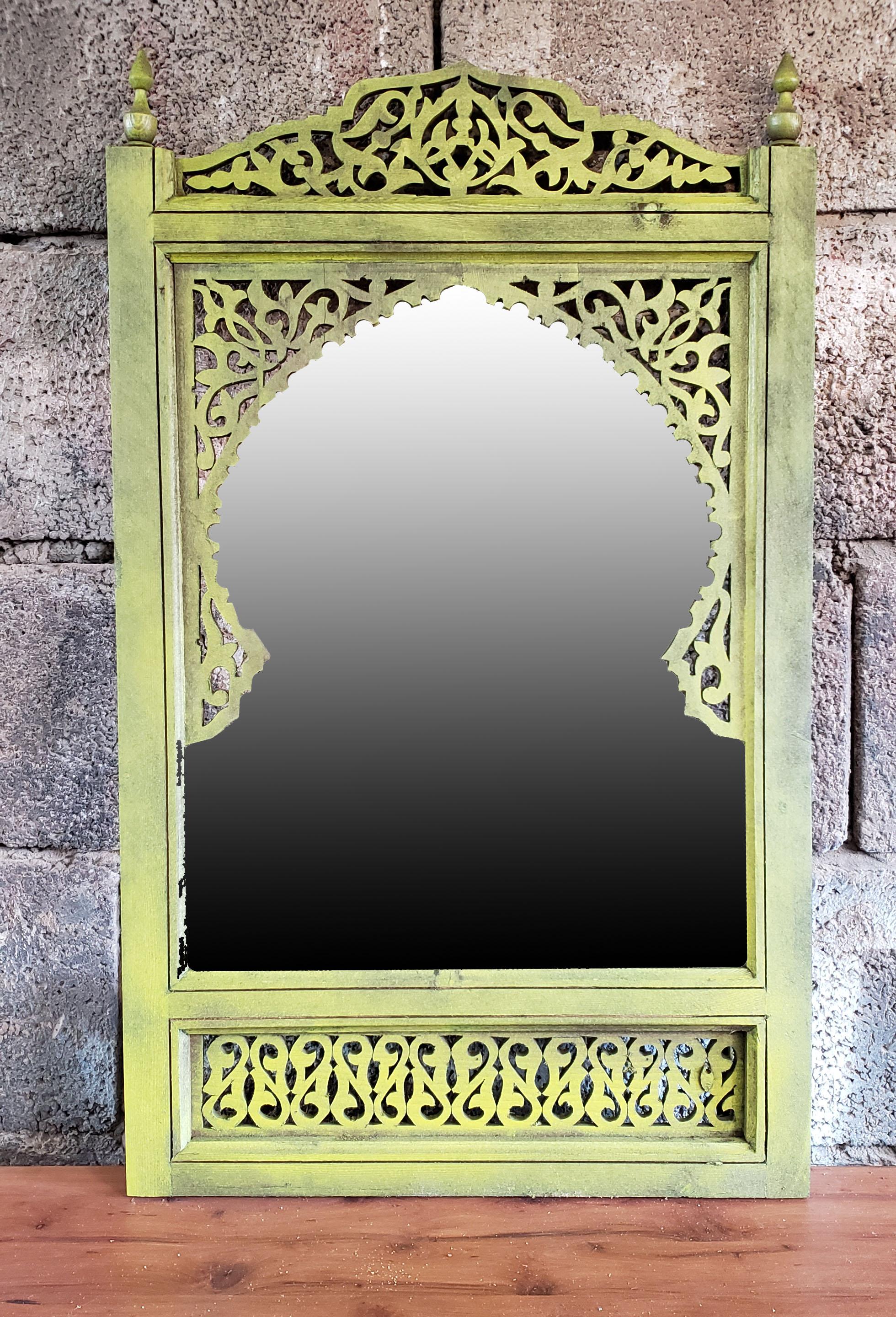 Moroccan Hand Carved Wooden Mirror, Yellow For Sale 1