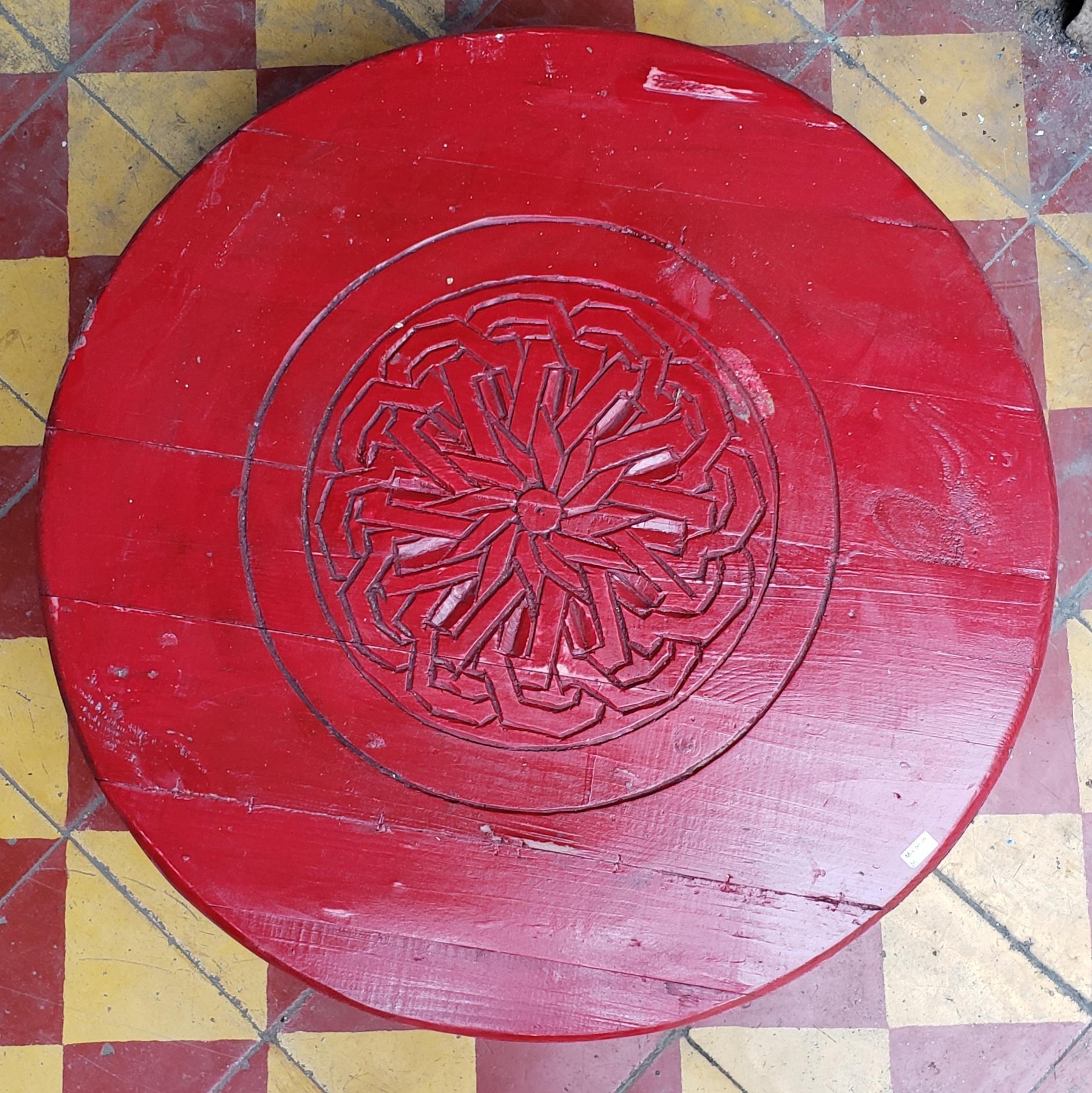 Moroccan Hand Carved Wooden Side Table, Red Round In Good Condition In Orlando, FL