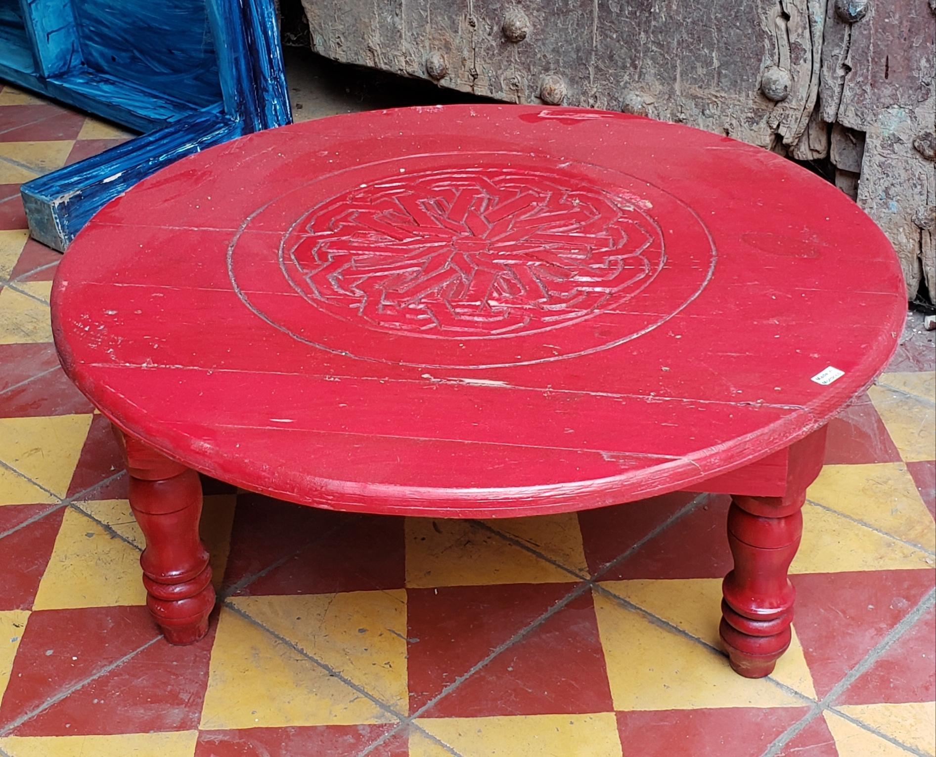 Contemporary Moroccan Hand Carved Wooden Side Table, Red Round
