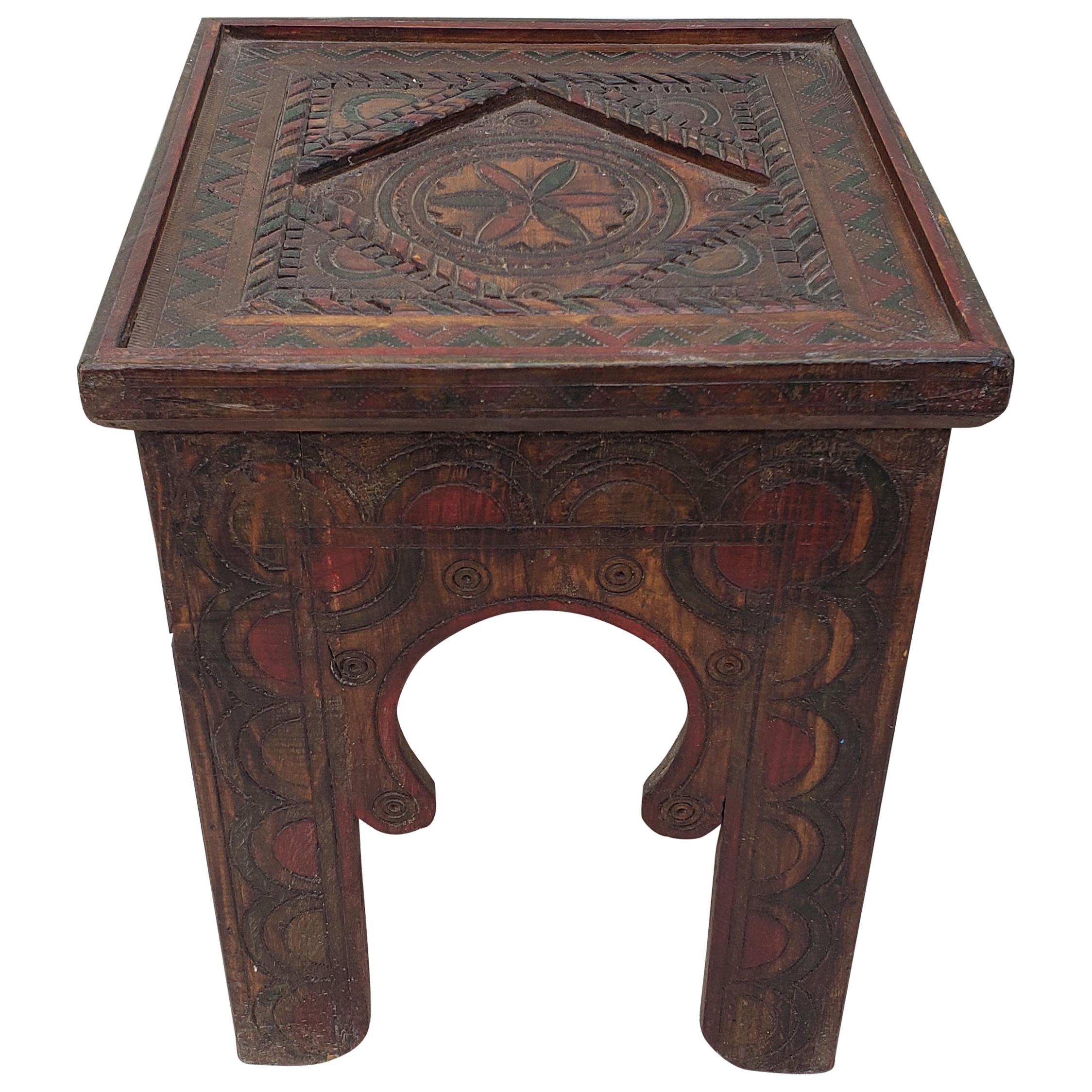 Moroccan Hand Carved Wooden Side Table, Square For Sale