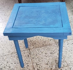 Moroccan Hand Carved Wooden Side Table, Turquoise Square