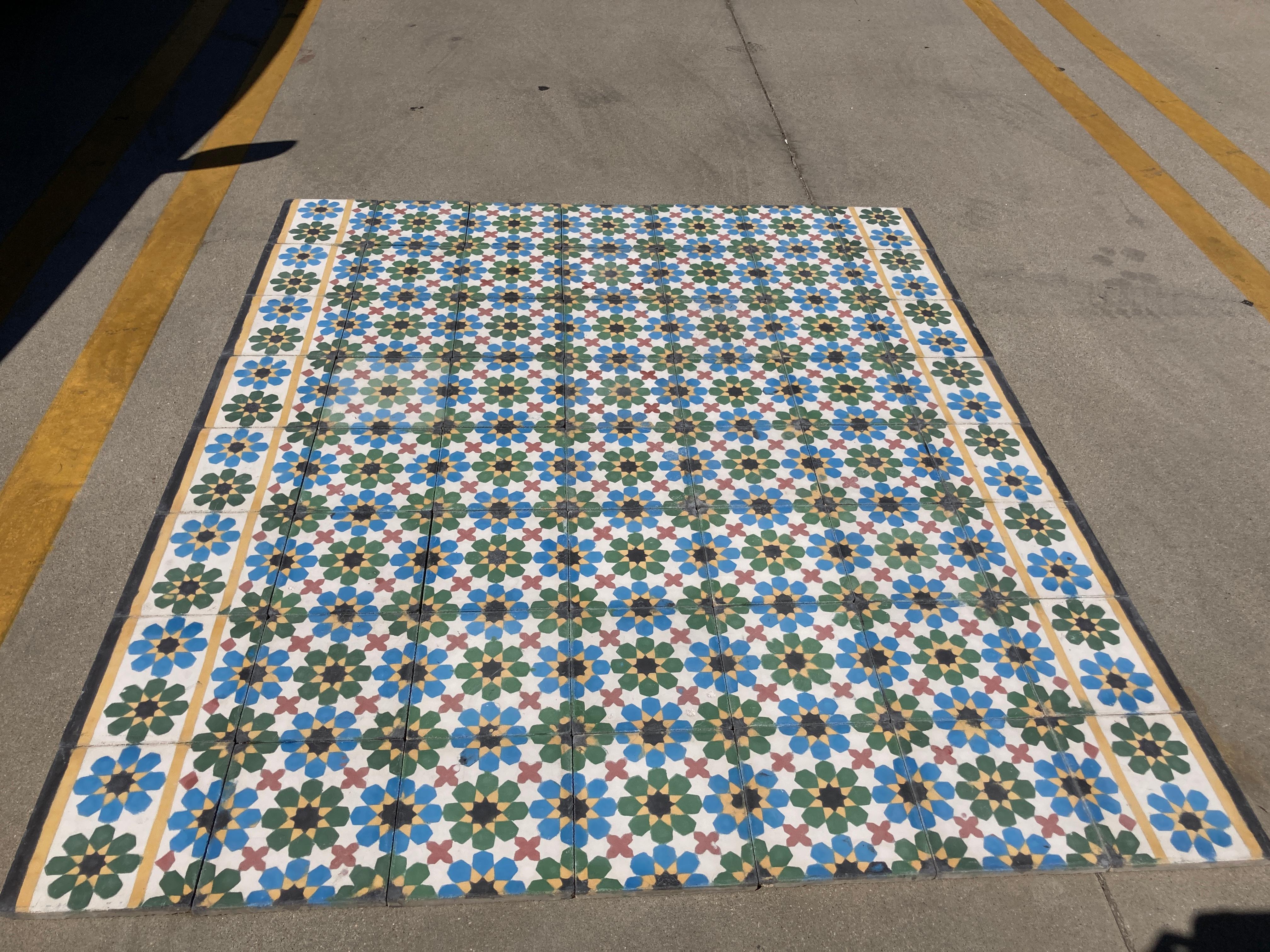 Moroccan Hand-Crafted encaustic Cement Tile with Traditional Fez Moorish Design In Fair Condition In North Hollywood, CA