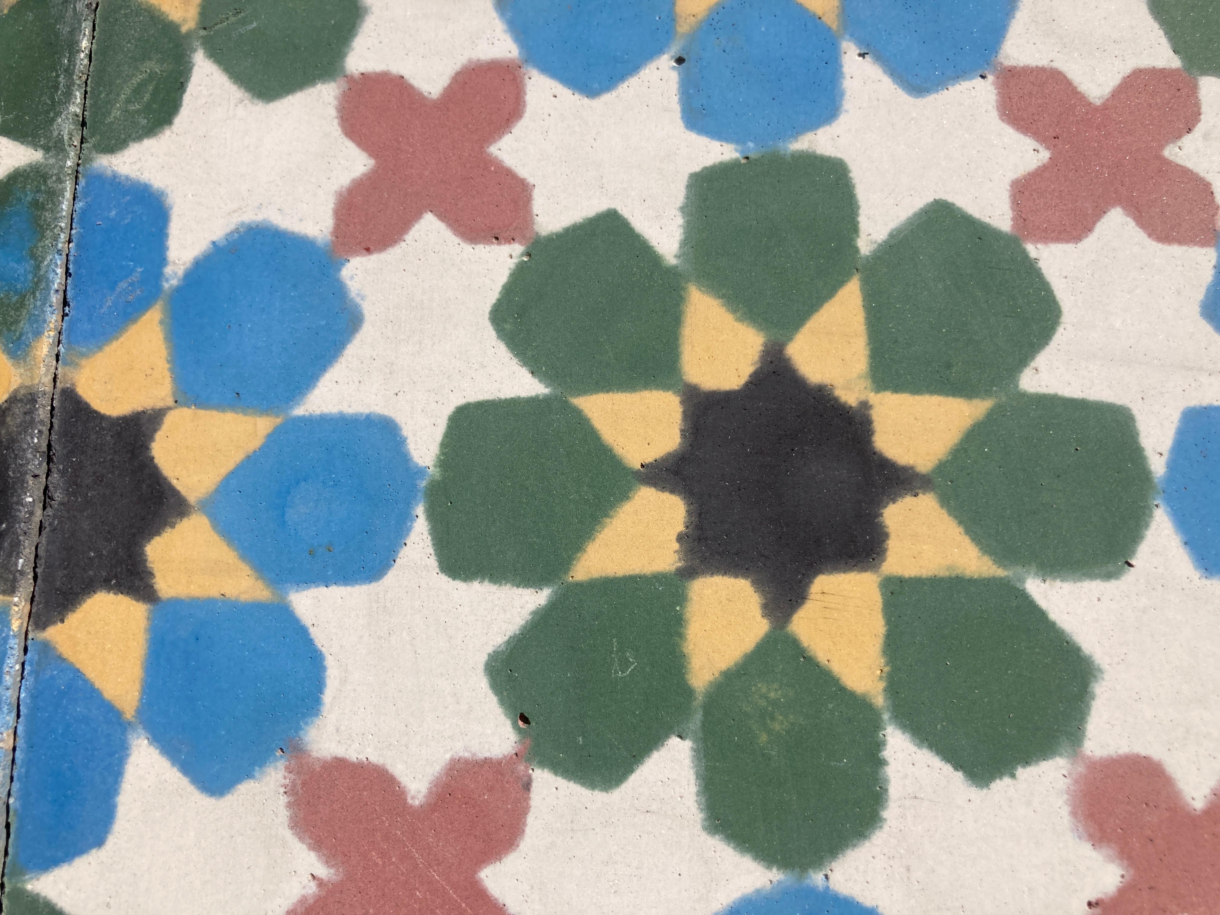 Hand-Painted Moroccan Hand-Crafted Encaustic Cement Tiles with Traditional Fez Moorish Design