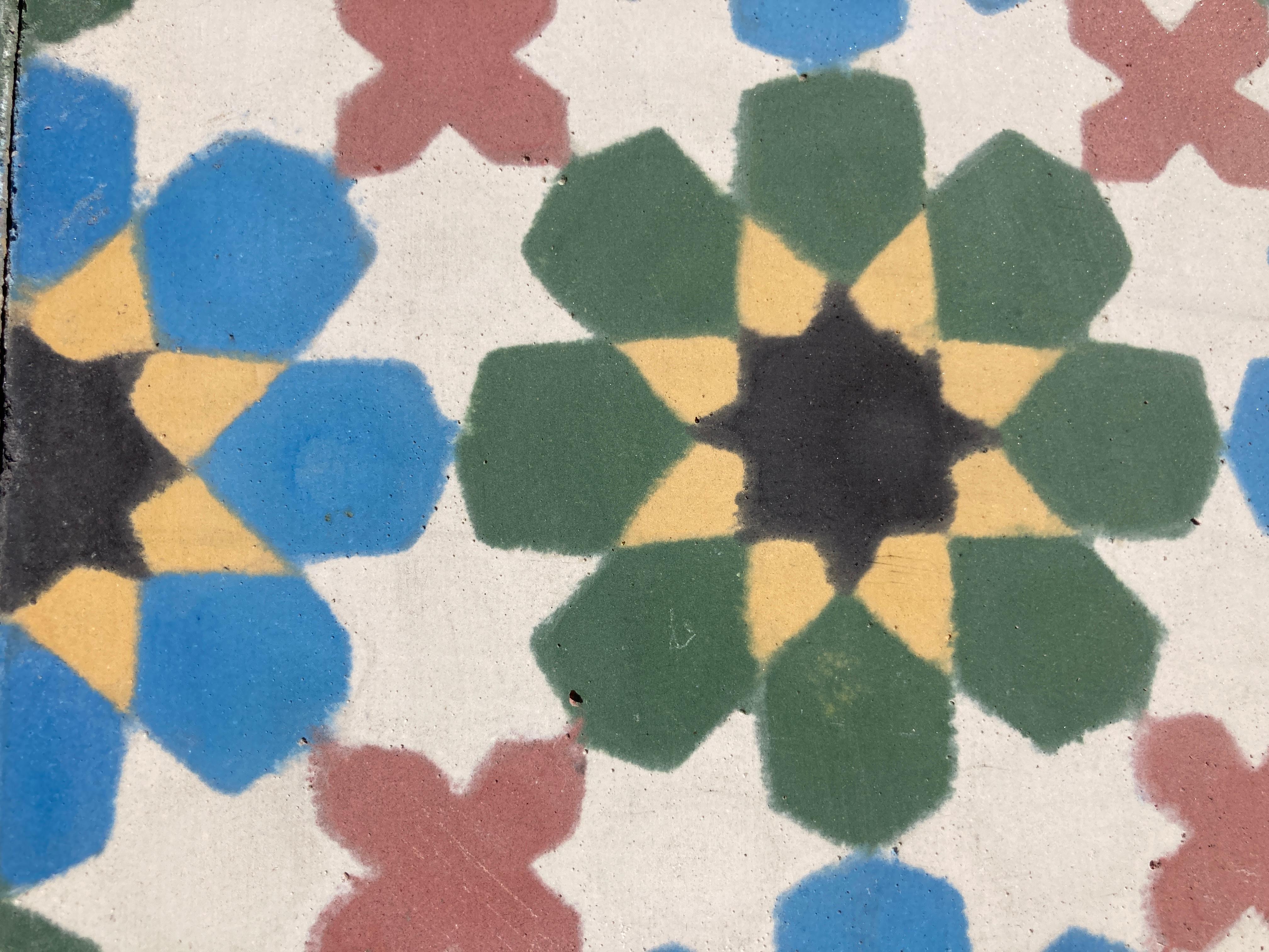 Late 20th Century Moroccan Hand-Crafted Encaustic Cement Tiles with Traditional Fez Moorish Design