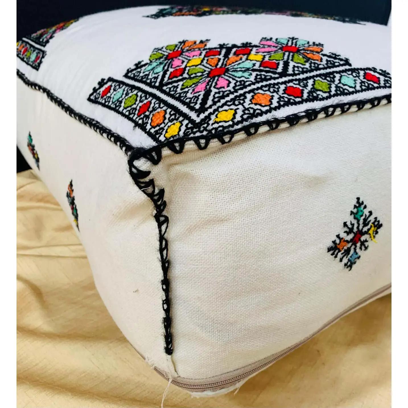 Moorish Moroccan Hand Embroidered Large White Ottoman, Cushion or Pouf For Sale