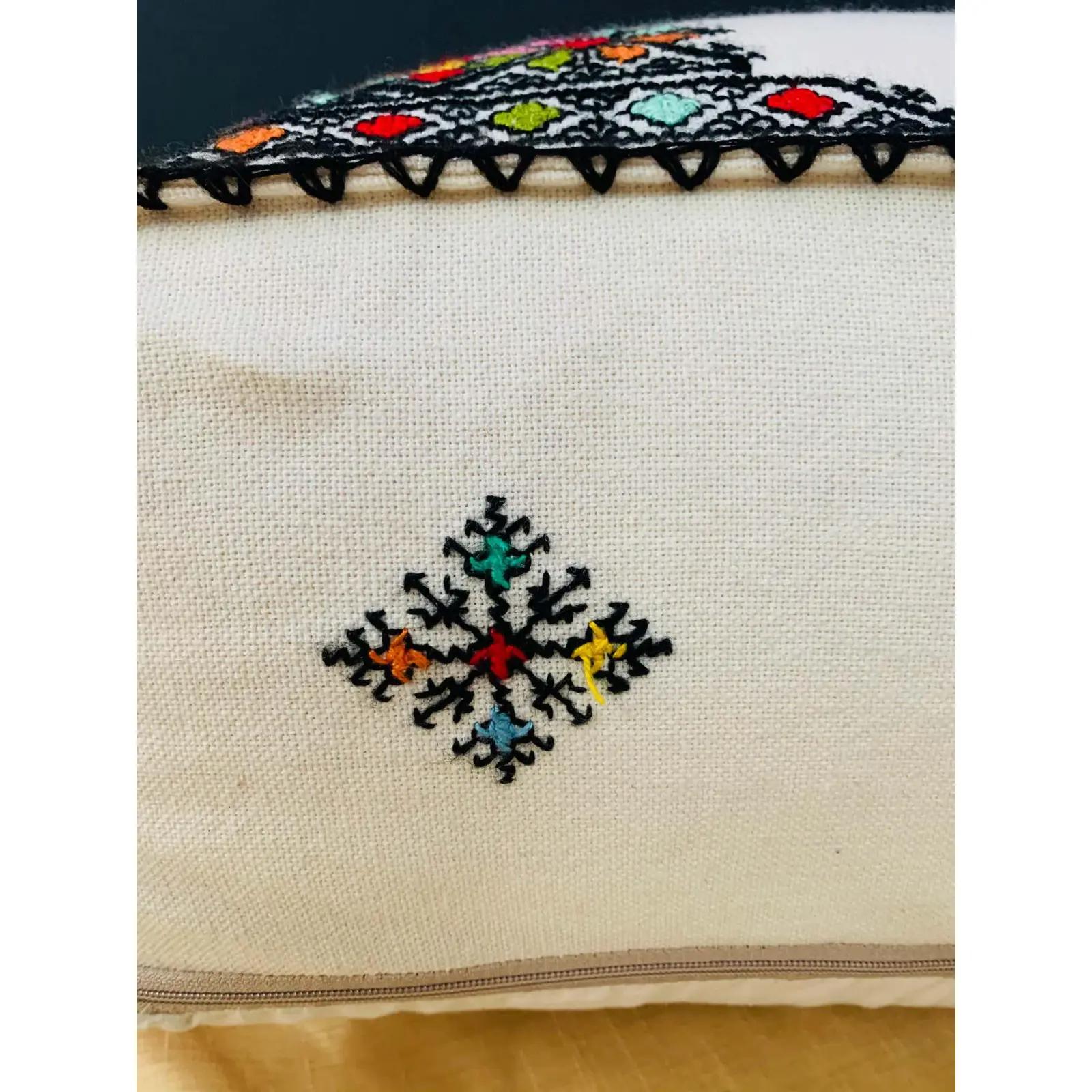 Hand-Woven Moroccan Hand Embroidered Large White Ottoman, Cushion or Pouf For Sale