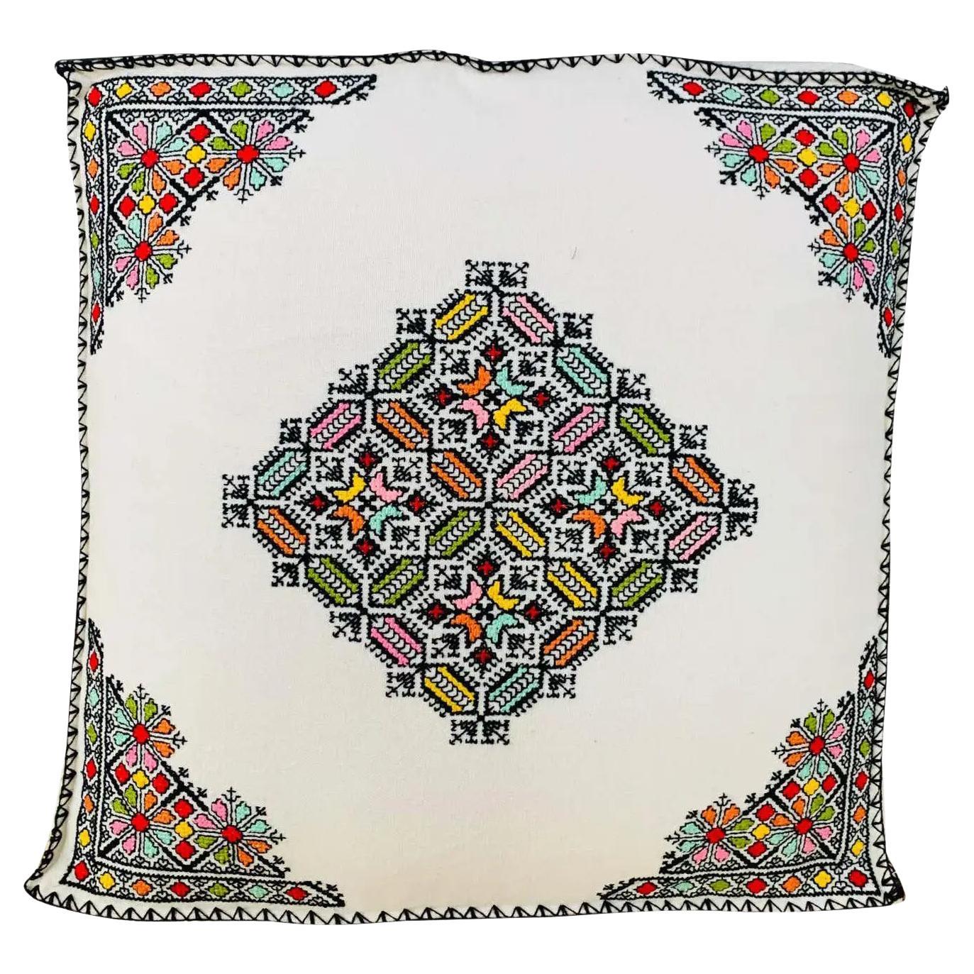Moroccan Hand Embroidered Large White Ottoman, Cushion or Pouf For Sale