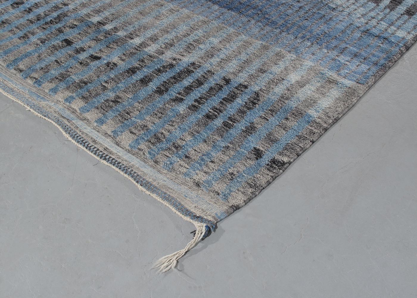 Hand-Knotted Moroccan Hand Knotted Abstract Charcoal and Blue Rug For Sale