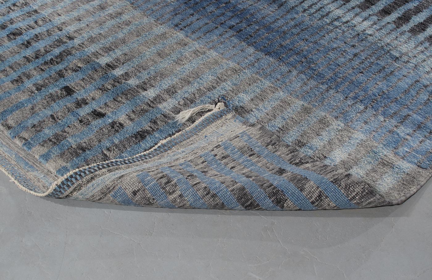 Moroccan Hand Knotted Abstract Charcoal and Blue Rug In New Condition For Sale In New York, NY
