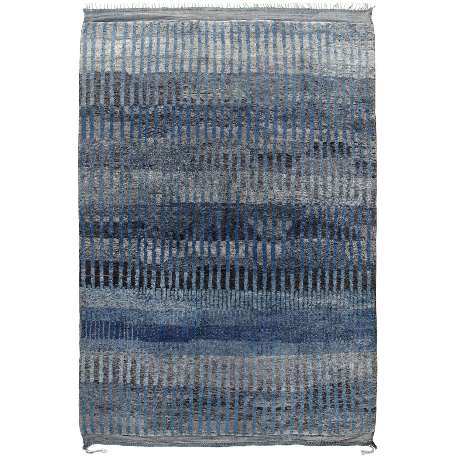 Moroccan Hand Knotted Abstract Charcoal and Blue Rug For Sale