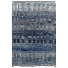 Moroccan Hand Knotted Abstract Charcoal and Blue Rug