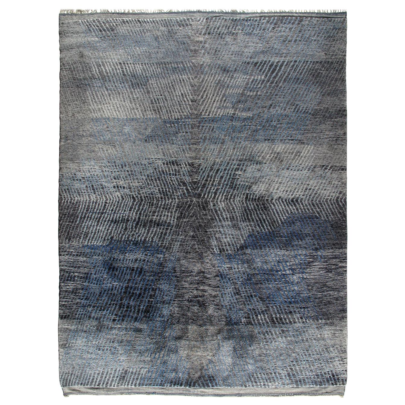 Moroccan Hand Knotted Abstract Charcoal and Blue Rug For Sale