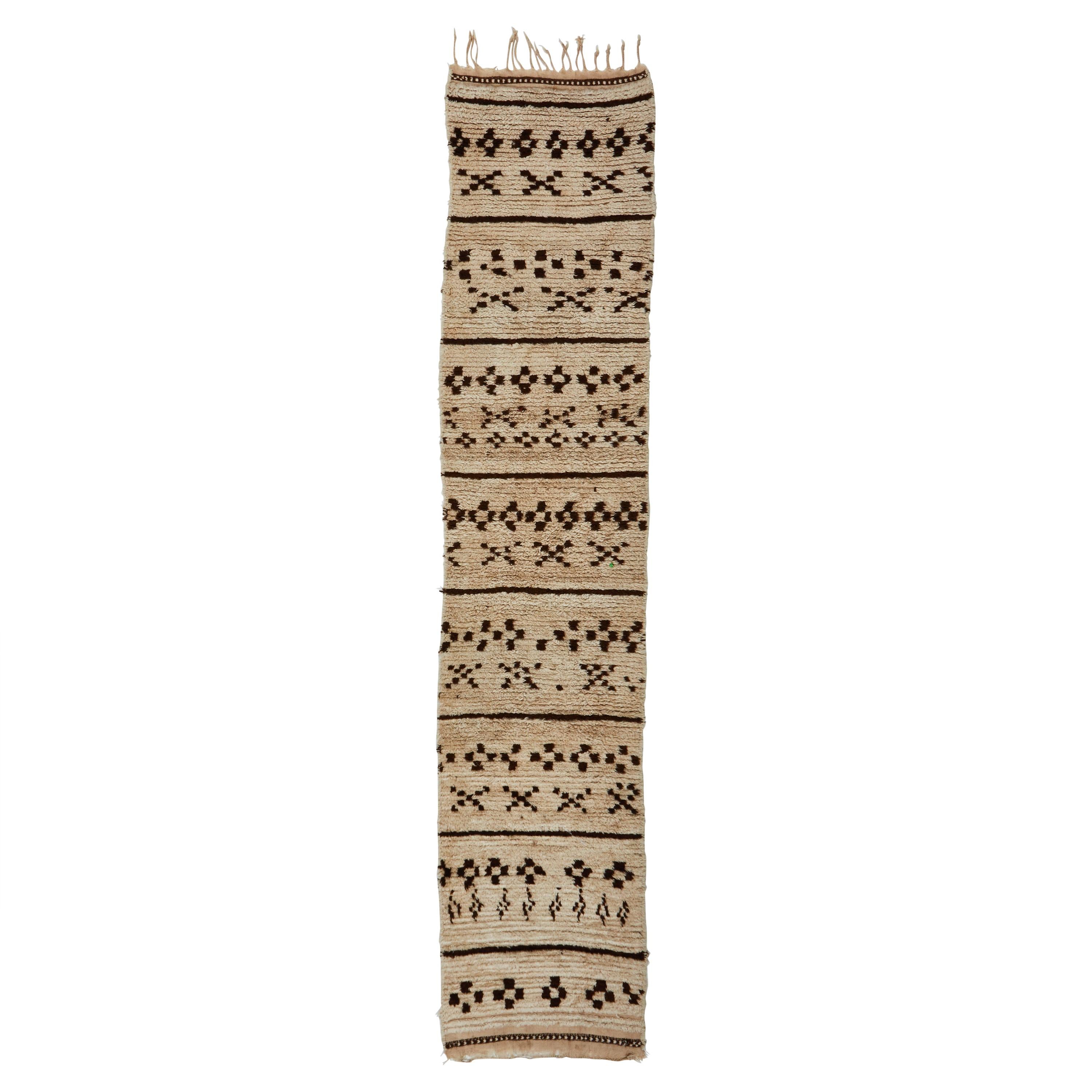 Moroccan Hand Knotted Brown and Tan Beni Ourain Wool Runner, circa 1940