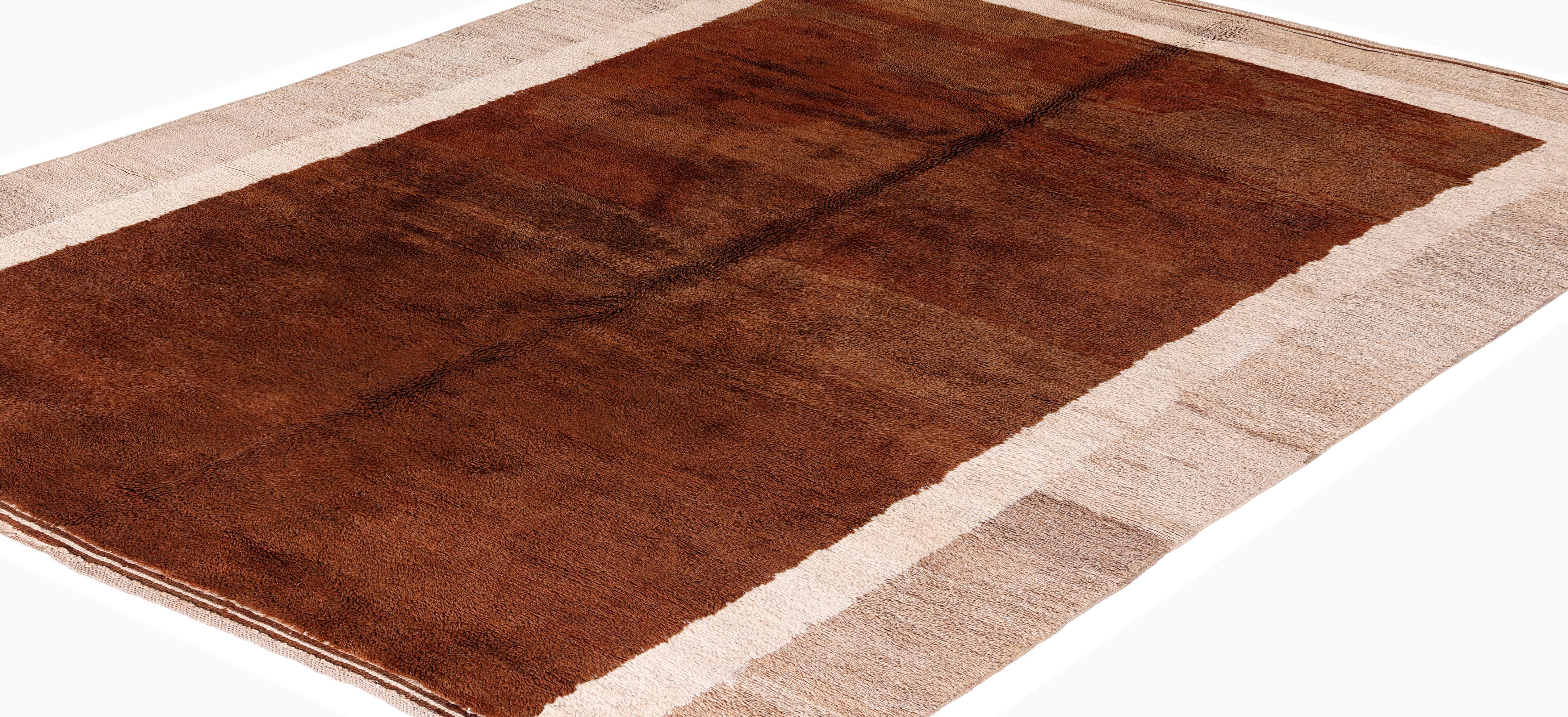 Alfombra Marroquí de Lana Anudada a Mano en Siena Quemado con Borde Minimalista Bohemio en venta