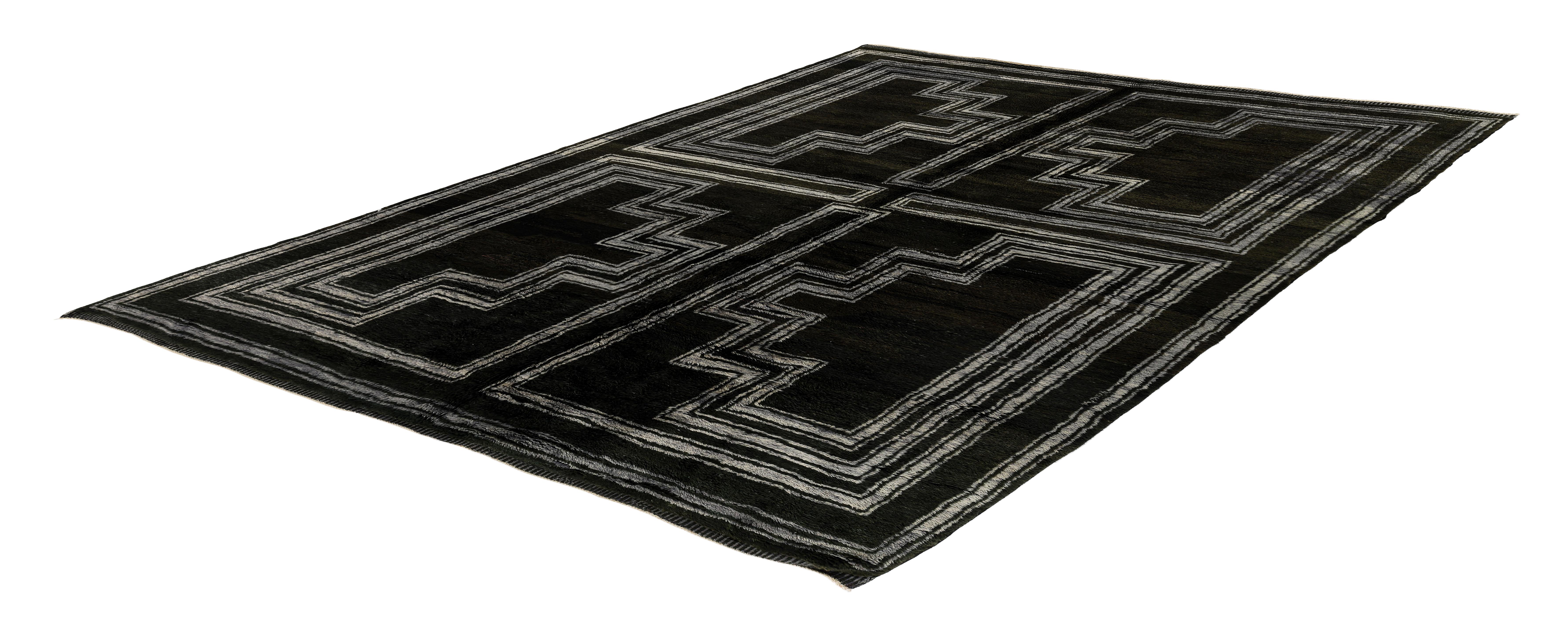 Contemporary Moroccan Hand-Knotted Wool Rug with Geometric Black and Ivory Maze Design For Sale