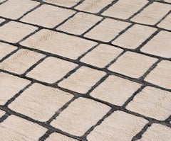 Moroccan Hand-Knotted Wool Rug with Grid Motif in Cream and Charcoal