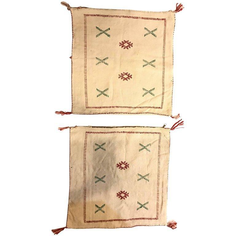 Moroccan Hand-Loomed Wool Off-White Pillows, Pair For Sale 1
