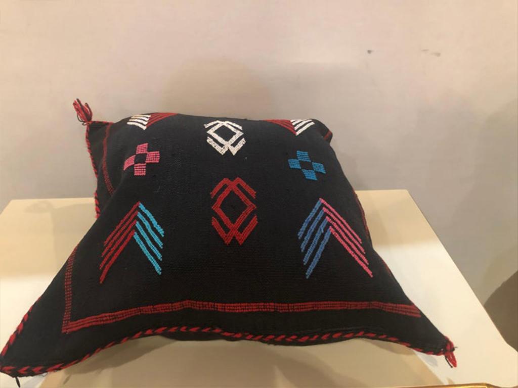 Moroccan Hand-Loomed Wool Pillow in Black, a Pair In Good Condition In Plainview, NY