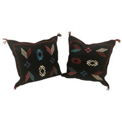 Moroccan Hand-Loomed Wool Pillow in Black, a Pair