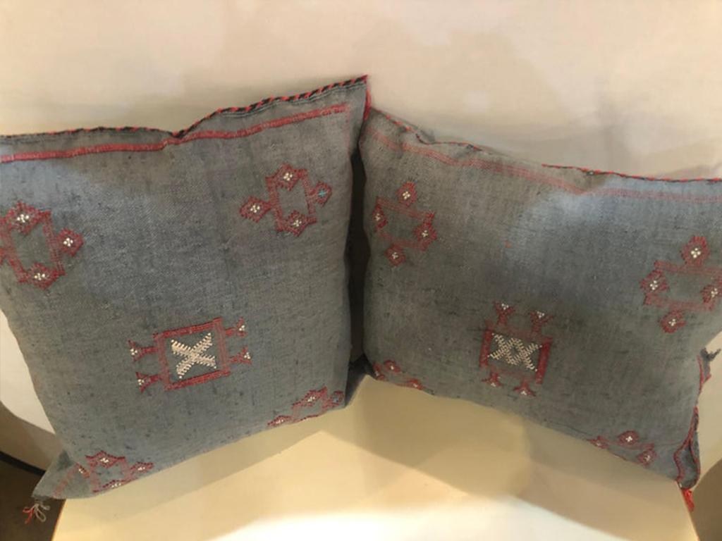 Moorish Moroccan Hand-Loomed Wool Pillows in Blue Gray For Sale
