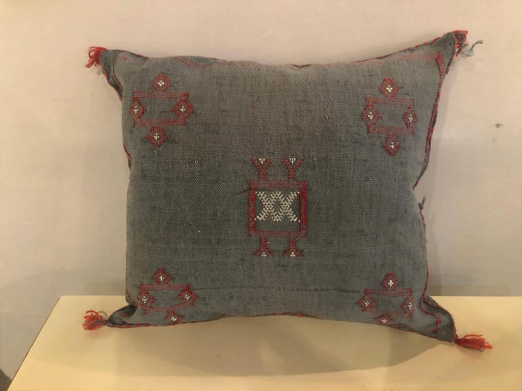 Moroccan Hand-Loomed Wool Pillows in Blue Gray In Good Condition For Sale In Plainview, NY