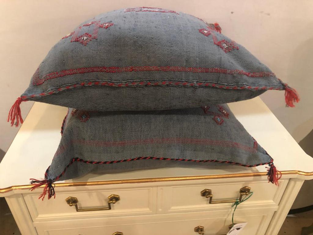 Late 20th Century Moroccan Hand-Loomed Wool Pillows in Blue Gray For Sale