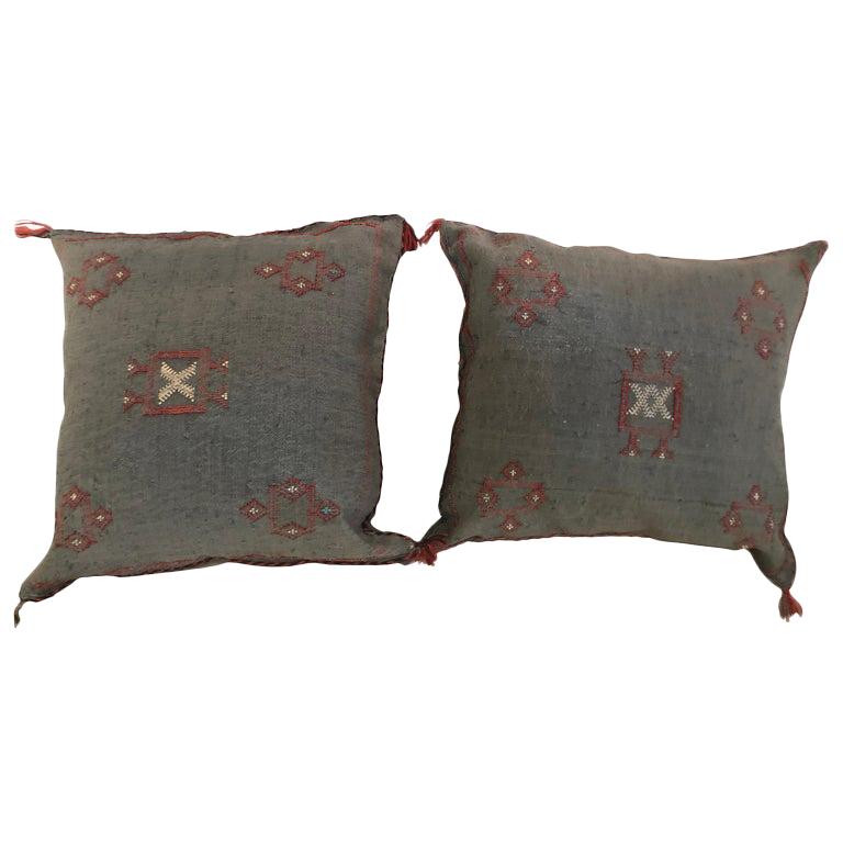 Moroccan Hand-Loomed Wool Pillows in Blue Gray For Sale