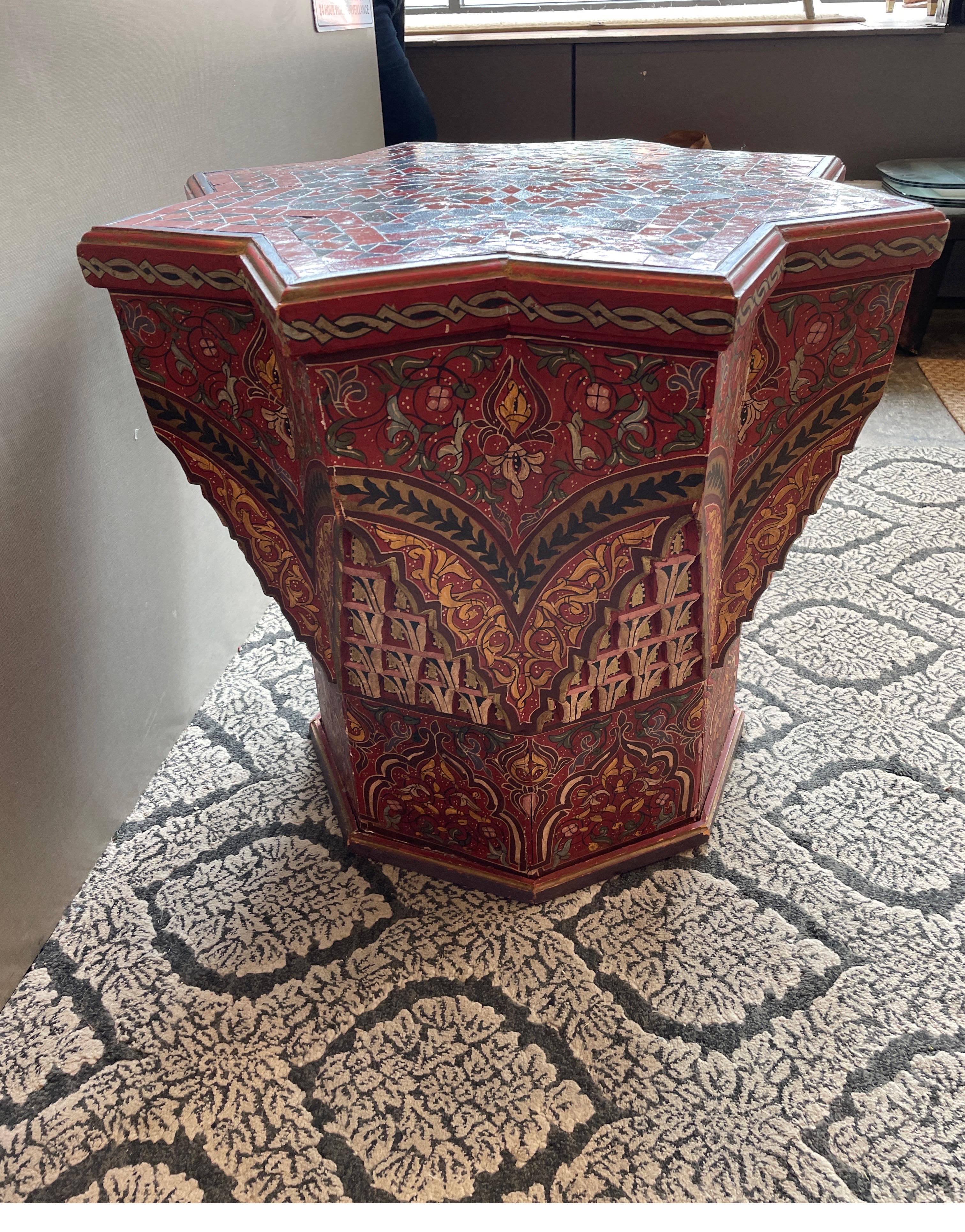 20th Century Moroccan Hand Painted 8 Star Wood Table with Tile Top For Sale