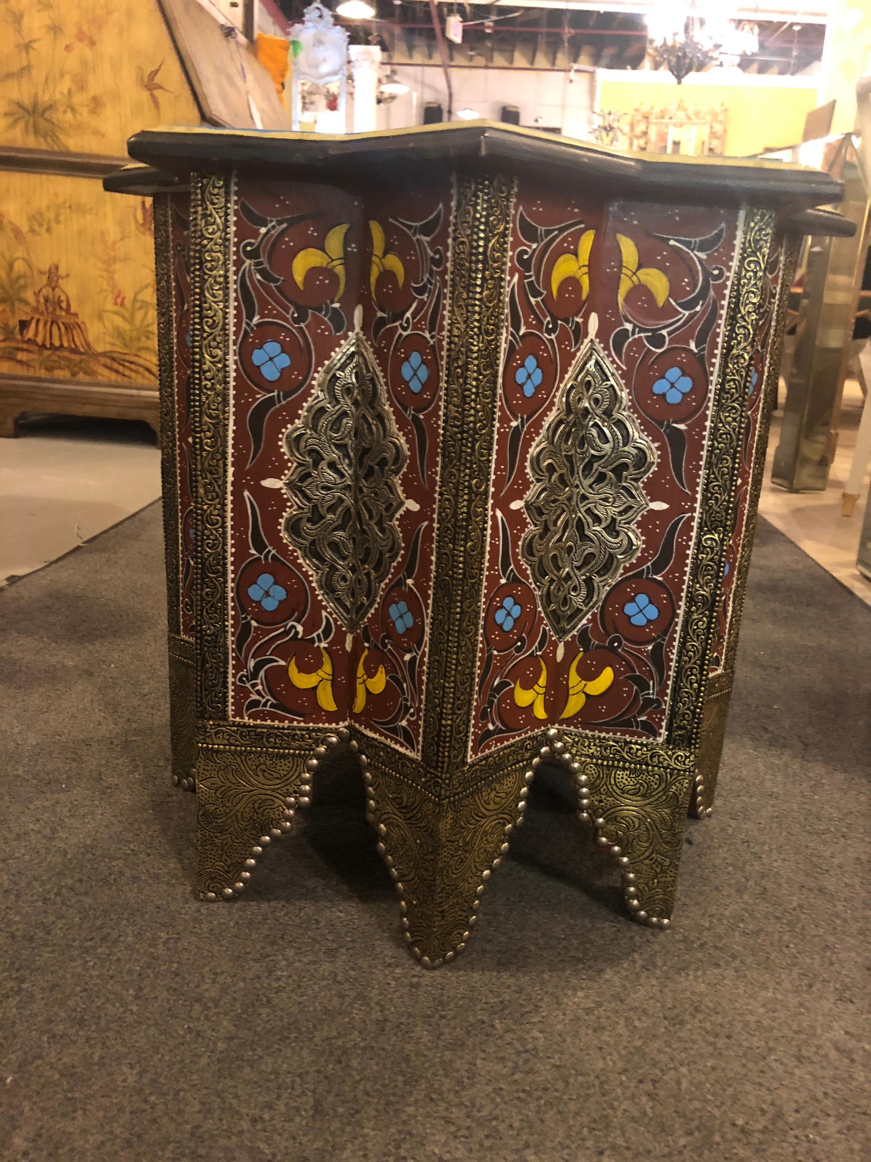 Moroccan Hand-Painted and Brass Inlaid End or Lamp Table  1