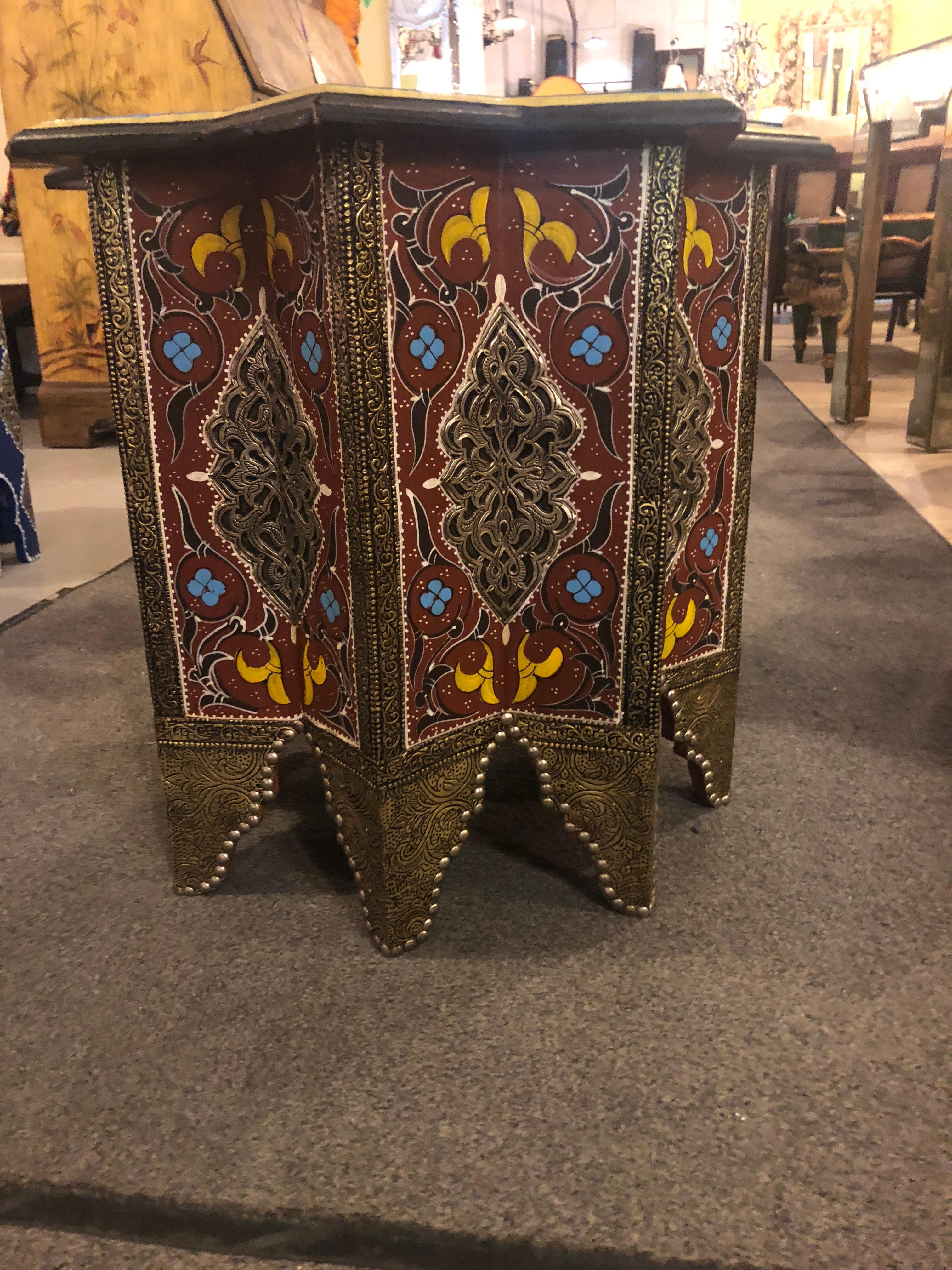 Moroccan Hand Painted and Brass Inlaid End or Lamp Table 4