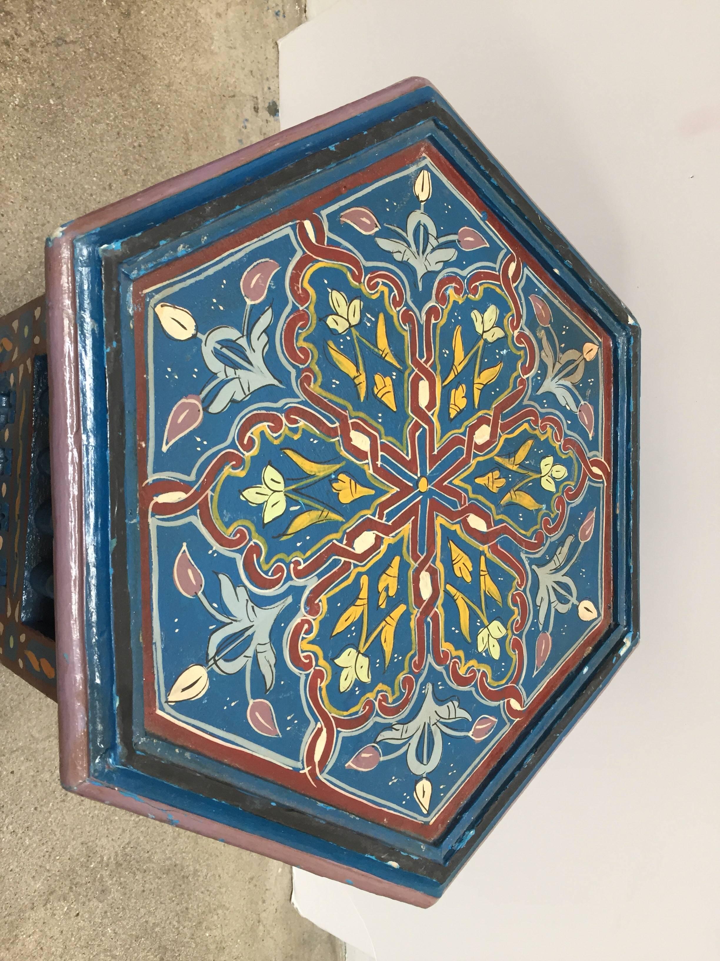 Moroccan Hand-Painted Blue Side Table with Moorish Designs 4