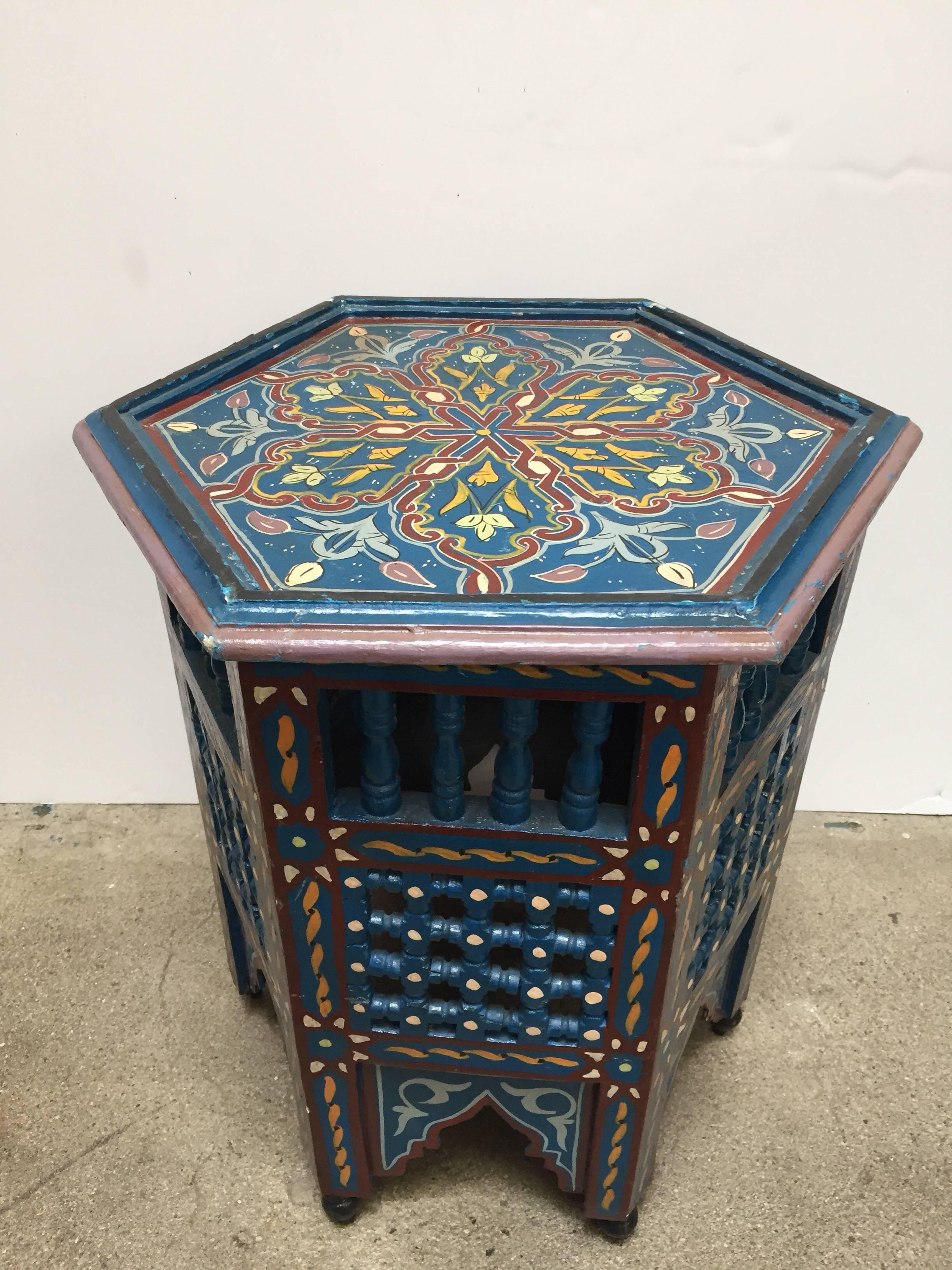 Moroccan Hand-Painted Blue Side Table with Moorish Designs 7