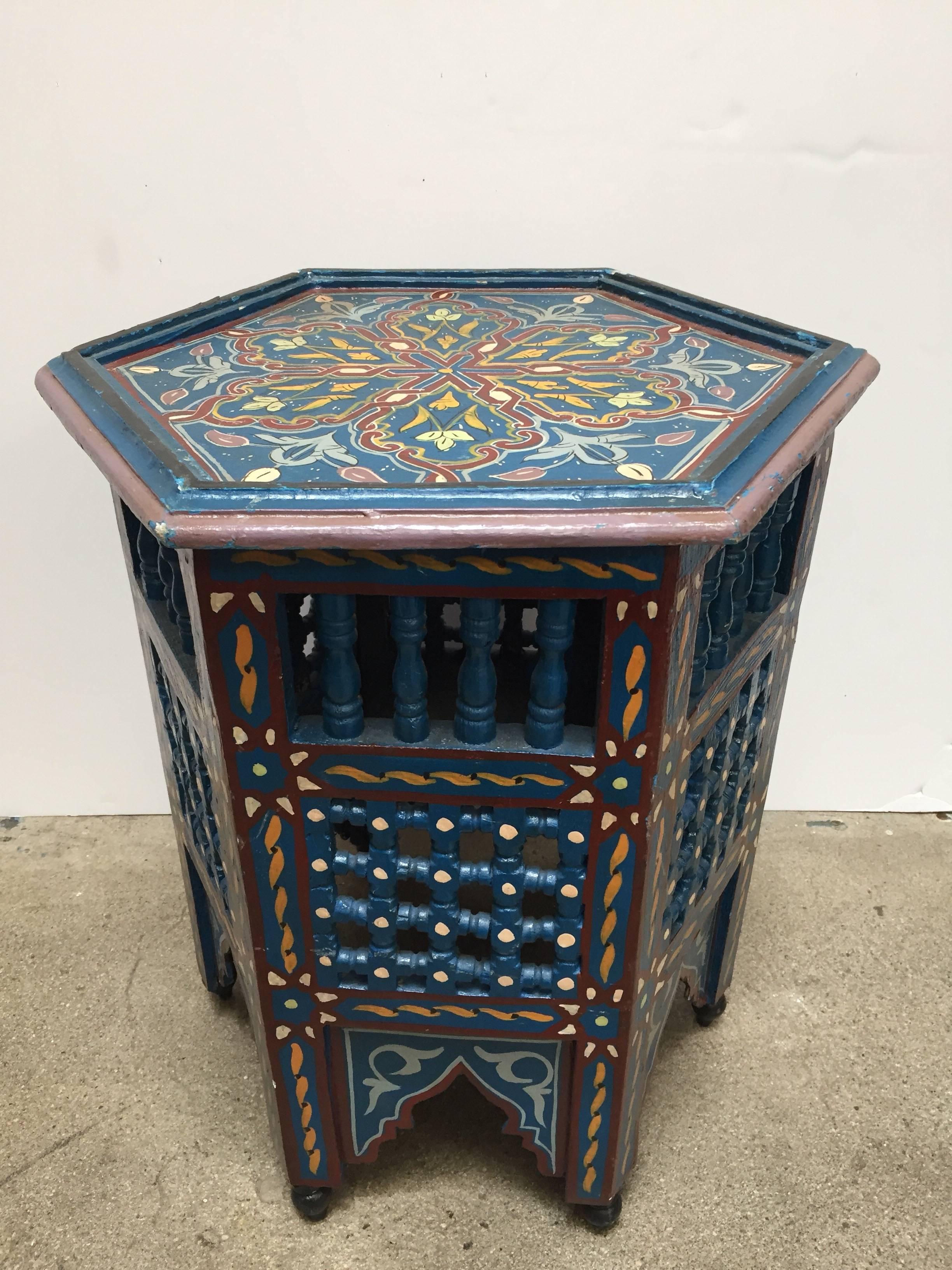 Moroccan Hand-Painted Blue Side Table with Moorish Designs 8