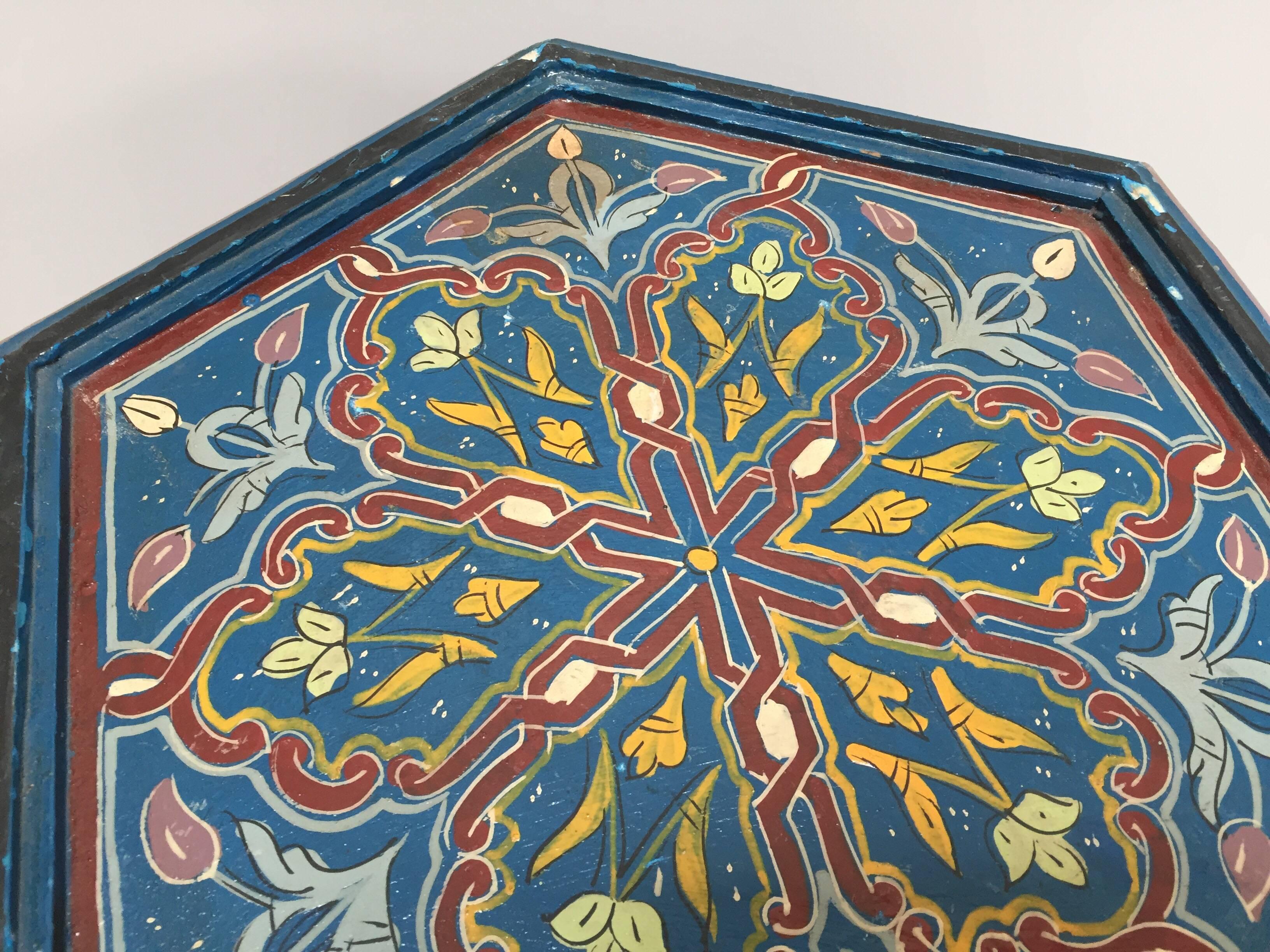 Moroccan Hand-Painted Blue Side Table with Moorish Designs In Good Condition In North Hollywood, CA