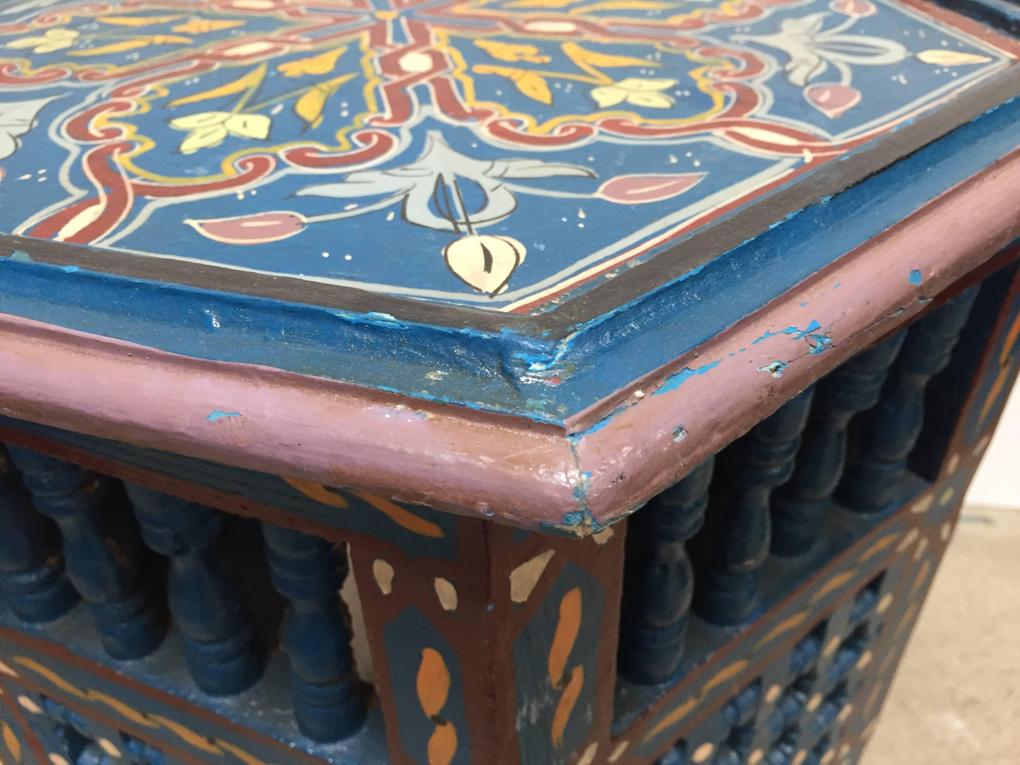 Late 20th Century Moroccan Hand-Painted Blue Side Table with Moorish Designs