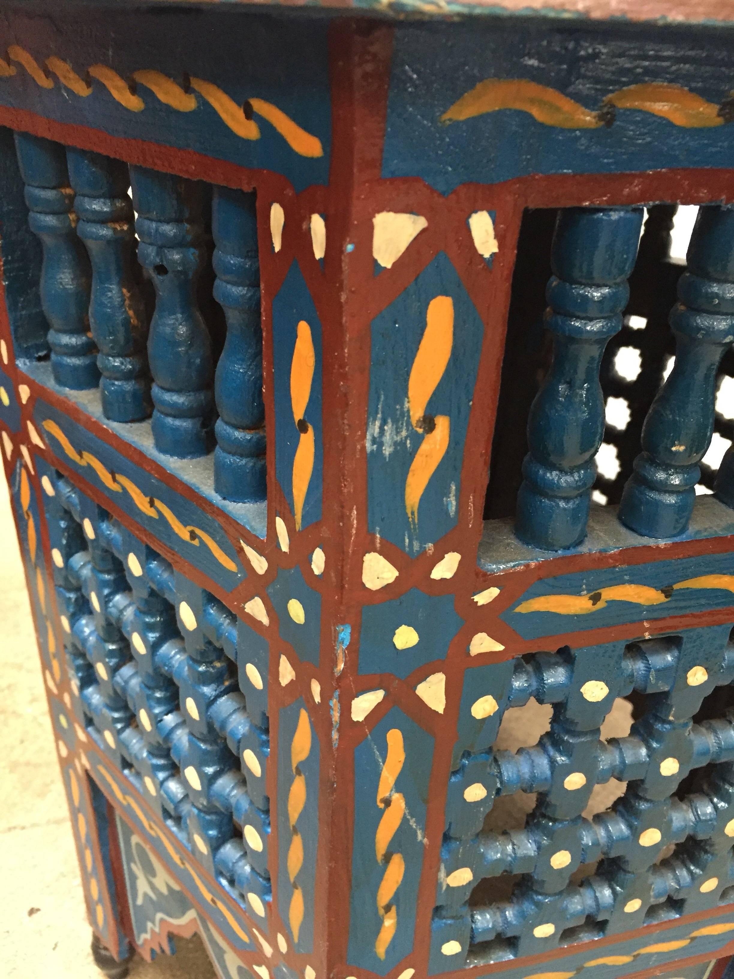 Wood Moroccan Hand-Painted Blue Side Table with Moorish Designs