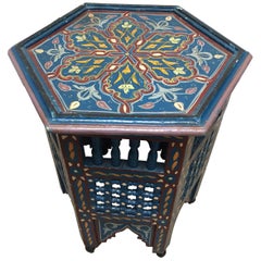 Moroccan Hand-Painted Blue Side Table with Moorish Designs