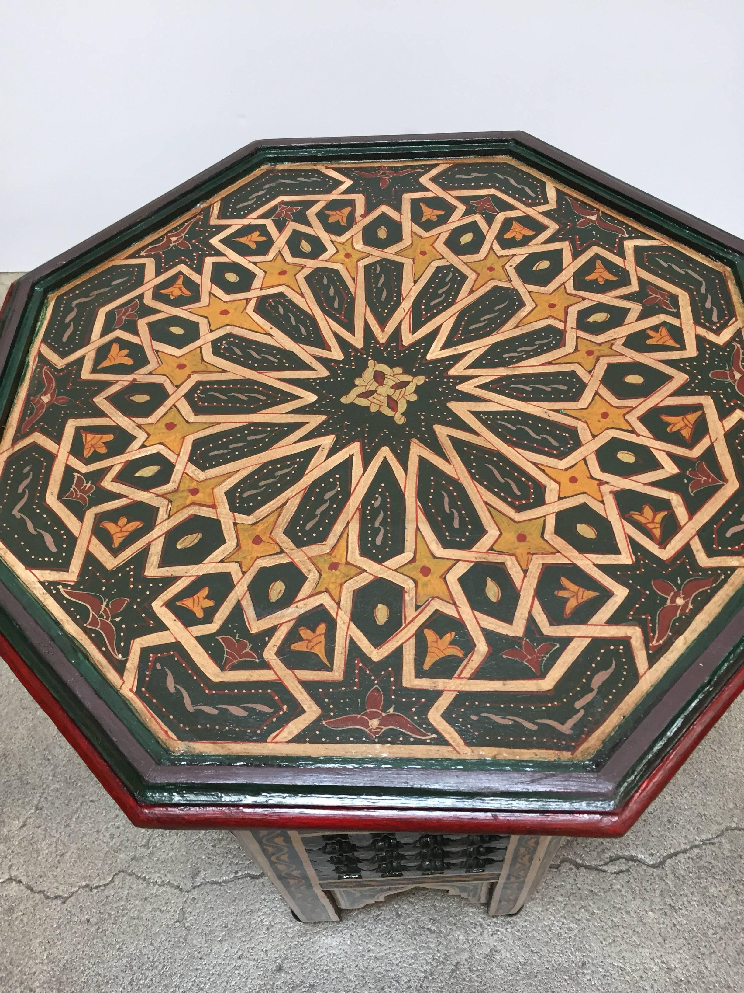 Hand-Carved Moroccan Hand-Painted Dark Green Octagonal Side Table
