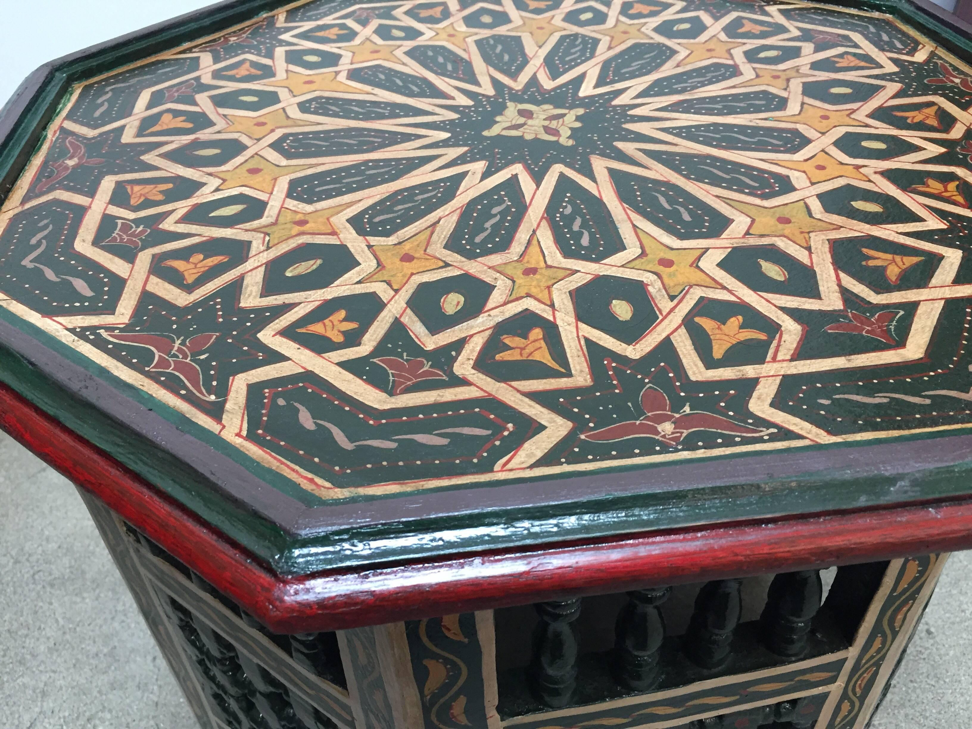 Wood Moroccan Hand-Painted Dark Green Octagonal Side Table